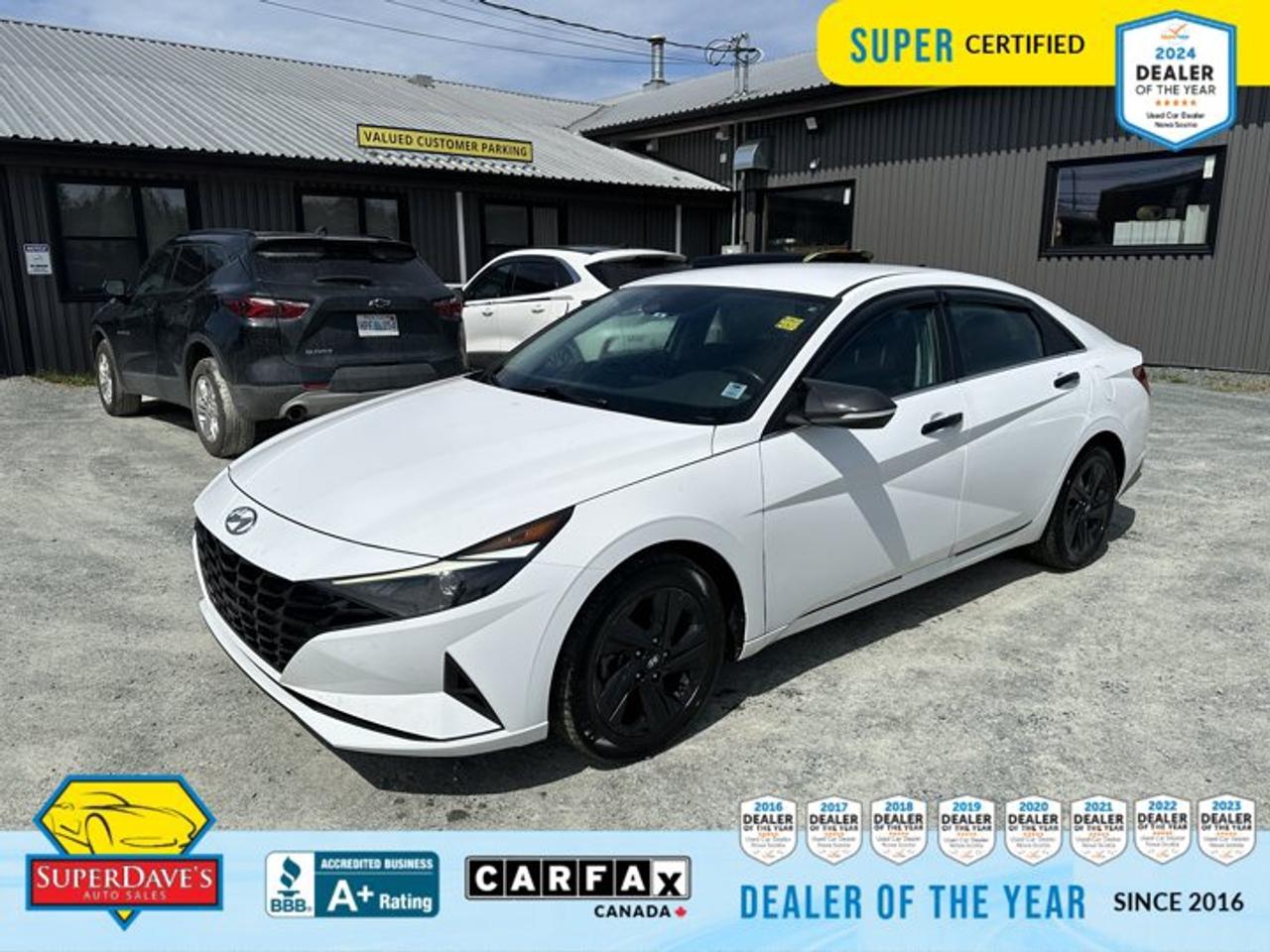 Meet the 2023 Hyundai Elantra Preferred   Super Certified and finished in Polar White with a smart black interior. This sedan blends everyday practicality with thoughtful comfort: a responsive 2.0L 4-cylinder paired to a smooth CVT delivers confident, easy-to-drive performance while front-wheel drive keeps things efficient and predictable.<br><p>THE SUPER DAVES ADVANTAGE</p> <p>BUY REMOTE - No need to visit the dealership. Through email, text, or a phone call, you can complete the purchase of your next vehicle all without leaving your house!</p> <p>DELIVERED TO YOUR DOOR - Your new car, delivered straight to your door! When buying your car with Super Daves, well arrange a fast and secure delivery. Just pick a time that works for you and well bring you your new wheels!</p> <p>PEACE OF MIND WARRANTY - Every vehicle we sell comes backed with a warranty so you can drive with confidence.</p> <p>EXTENDED COVERAGE - Get added protection on your new car and drive confidently with our selection of competitively priced extended warranties.</p> <p>WE ACCEPT TRADES - We&rsquo;ll accept your trade for top dollar! We&rsquo;ll assess your trade in with a few quick questions and offer a guaranteed value for your ride. We&rsquo;ll even come pick up your trade when we deliver your new car.</p> <p>SUPER CERTIFIED INSPECTION - Every vehicle undergoes an extensive 120 point inspection, that ensure you get a safe, high quality used vehicle every time.</p> <p>FREE CARFAX VEHICLE HISTORY REPORT - If youre buying used, its important to know your cars history. Thats why we provide a free vehicle history report that lists any accidents, prior defects, and other important information that may be useful to you in your decision.</p> <p>METICULOUSLY DETAILED &ndash; Buying used doesn&rsquo;t mean buying grubby. We want your car to shine and sparkle when it arrives to you. Our professional team of detailers will have your new-to-you ride looking new car fresh.</p> <p>(Please note that we make all attempt to verify equipment, trim levels, options, accessories, kilometers and price listed in our ads however we make no guarantees regarding the accuracy of these ads online. Features are populated by VIN decoder from manufacturers original specifications. Some equipment such as wheels and wheels sizes, along with other equipment or features may have changed or may not be present. We do not guarantee a vehicle manual, manuals can be typically found online in the rare event the vehicle does not have one. Please verify all listed information with our dealership in person before purchase. The sale price does not include any ongoing subscription based services such as Satellite Radio. Any software or hardware updates needed to run any of these systems would also be the responsibility of the client. All listed payments are OAC which means On Approved Credit and are estimated without taxes and fees as these may vary from deal to deal, taxes and fees are extra. As these payments are based off our lenders best offering they may be subject to change without notice. Please ensure this vehicle is ready to be viewed at the dealership by making an appointment with our sales staff. We cannot guarantee this vehicle will be on premises and ready for viewing unless and appointment has been made.)</p>