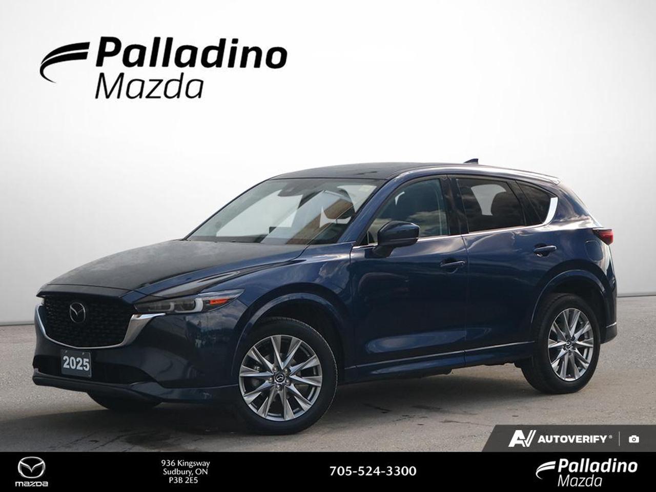 PREVIOUS DAILY RENTAL 

Discover a refined and capable drive in this 2025 Mazda CX-5 GT, now available at Palladino Mazda in Greater Sudbury. This used SUV blends premium comfort, confident all-wheel drive traction, and Mazdas driver-focused design. With 29,074 km, a 2.5L SKYACTIV-G DOHC 16-valve I4 engine, and a 6-Speed SKYACTIV Automatic transmission, this CX-5 GT is ready for daily commuting, weekend travel, and every season in Northern Ontario.

FEATURES OF THE CX-5 GT

»» Premium feel with upscale cabin details
»» Standard all-wheel drive for year-round confidence
»» Responsive 2.5L engine with smooth power
»» 6-speed automatic supports relaxed driving

ADVANCED SAFETY FEATURES

»» All-wheel drive adds secure road traction
»» Advanced body structure helps absorb impacts
»» Four-wheel disc brakes support controlled stopping
»» Rearview camera helps with reversing visibility

PERFORMANCE AND EFFICIENCY

»» 2.5L SKYACTIV-G engine delivers smooth response
»» Six-speed automatic shifts with refined timing
»» All-wheel drive supports changing road conditions
»» Balanced ride suits city and highway

COMFORT AND CONVENIENCE

»» Spacious cabin offers comfort for five
»» Dual-zone climate control supports cabin comfort
»» Easy entry design helps daily use
»» Quiet ride enhances long-distance travel

TECHNOLOGY AND CONNECTIVITY

»» Clear infotainment layout is easy to use
»» Bluetooth connectivity supports hands-free calling
»» Driver information display keeps essentials visible
»» Convenient controls are placed within reach

CARGO SPACE

»» Rear cargo area suits daily errands
»» Split-folding rear seats add flexibility
»» Wide opening helps load larger items
»» Smart layout supports travel gear storage

AWARDS & RECOGNITIONS

»» Top Safety Pick, Insurance Institute for Highway Safety, 2024

WHAT OTHER OWNERS LIKE

»» Confident all-wheel drive in poor weather
»» Cabin comfort on longer daily drives
»» Smooth handling with composed road manners
»» Useful cargo space for active lifestyles

This 2025 Mazda CX-5 GT stands out with its polished road manners and premium character. It feels composed in traffic, stable on the highway, and easy to enjoy every day. The suspension tuning and steering response give this SUV a connected feel that many drivers appreciate right away.

Inside, this 2025 Mazda CX-5 GT offers a clean and functional layout that supports both comfort and convenience. The cabin is well suited to commuting, family use, or road trips around Ontario. Passenger space is practical, and the cargo area gives you the flexibility needed for groceries, sports gear, and luggage.

For drivers shopping at Palladino Mazda, this 2025 Mazda CX-5 GT is a smart choice when you want upscale design, proven Mazda engineering, and useful everyday capability. Its 29,074 km show that it has been driven, yet it still offers the modern feel and confidence expected from a well-kept Mazda SUV.

This 2025 Mazda CX-5 GTs VIN is: JM3KFBDM8S0744326 .

The advertised price is for financing only and applies exclusively to vehicles eligible for financing. Vehicles sold as-is are not eligible for financing and require full payment at purchase. All cash purchases of finance-eligible vehicles will be subject to an additional $2,501.00. This advertised price also does not include taxes and licensing fees. For as-is vehicles: the motor vehicle sold under this contract is being sold as-is and is not represented as being in road worthy condition, mechanically sound or maintained at any guaranteed level of quality.<p> and every season in Northern Ontario.

FEATURES OF THE CX-5 GT

»» Premium feel with upscale cabin details
»» Standard all-wheel drive for year-round confidence
»» Responsive 2.5L engine with smooth power
»» 6-speed automatic supports relaxed driving

ADVANCED SAFETY FEATURES

»» All-wheel drive adds secure road traction
»» Advanced body structure helps absorb impacts
»» Four-wheel disc brakes support controlled stopping
»» Rearview camera helps with reversing visibility

PERFORMANCE AND EFFICIENCY

»» 2.5L SKYACTIV-G engine delivers smooth response
»» Six-speed automatic shifts with refined timing
»» All-wheel drive supports changing road conditions
»» Balanced ride suits city and highway

COMFORT AND CONVENIENCE

»» Spacious cabin offers comfort for five
»» Dual-zone climate control supports cabin comfort
»» Easy entry design helps daily use
»» Quiet ride enhances long-distance travel

TECHNOLOGY AND CONNECTIVITY

»» Clear infotainment layout is easy to use
»» Bluetooth connectivity supports hands-free calling
»» Driver information display keeps essentials visible
»» Convenient controls are placed within reach

CARGO SPACE

»» Rear cargo area suits daily errands
»» Split-folding rear seats add flexibility
»» Wide opening helps load larger items
»» Smart layout supports travel gear storage

AWARDS & RECOGNITIONS

»» Top Safety Pick</p>
<p> 2024

WHAT OTHER OWNERS LIKE

»» Confident all-wheel drive in poor weather
»» Cabin comfort on longer daily drives
»» Smooth handling with composed road manners
»» Useful cargo space for active lifestyles

This 2025 Mazda CX-5 GT stands out with its polished road manners and premium character. It feels composed in traffic</p>
<p> and easy to enjoy every day. The suspension tuning and steering response give this SUV a connected feel that many drivers appreciate right away.

Inside</p>
<p> this 2025 Mazda CX-5 GT offers a clean and functional layout that supports both comfort and convenience. The cabin is well suited to commuting</p>
<p> yet it still offers the modern feel and confidence expected from a well-kept Mazda SUV.

This 2025 Mazda CX-5 GTs VIN is: JM3KFBDM8S0744326 .

The advertised price is for financing only and applies exclusively to vehicles eligible for financing. Vehicles sold as-is are not eligible for financing and require full payment at purchase. All cash purchases of finance-eligible vehicles will be subject to an additional $2</p>
<p>501.00. This advertised price also does not include taxes and licensing fees. For as-is vehicles: the motor vehicle sold under this contract is being sold as-is and is not represented as being in road worthy condition</p>