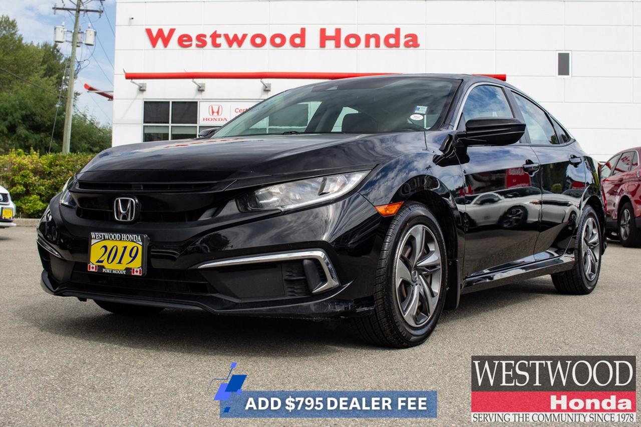 2019 Honda Civic LX with Excellent Efficiency and Everyday ComfortThe 2019 Honda Civic LX delivers the efficient performance, comfortable interior, and everyday usability that have made the Civic a favourite with Metro Vancouver drivers. Its manageable size works well around Port Moody, Coquitlam, Burnaby, and Vancouver, while the spacious cabin makes it equally capable for longer drives.**Key highlights include:*** 2.0L 4-cylinder engine* Continuously Variable Transmission (CVT)* Heated front seats* Automatic climate control* Multi-angle rearview camera* Bluetooth HandsFreeLink* Steering-wheel-mounted audio controls* LED daytime running lights* Automatic headlights* Honda Sensing driver-assist technologies* Adaptive Cruise Control* Lane Keeping Assist System* Collision Mitigation Braking SystemThe naturally aspirated 2.0L engine provides smooth, predictable power while keeping running costs in mind. For daily commuting through the Tri-Cities or into Vancouver, the Civics fuel-efficient powertrain and compact footprint make busy traffic and tighter parking easier to manage.Despite its compact exterior dimensions, the Civic offers generous passenger room and a useful trunk. Heated front seats add welcome comfort through cooler BC months, while Honda Sensing provides additional driver assistance on busy highways and longer road trips.Every Westwood Honda pre-owned vehicle includes our **BuySmart Program**, featuring a **Full CarProof vehicle history report**, **Mechanical inspection**, **2-month / 5,000km powertrain warranty**, **6-month tire, brake, battery, and bulb coverage**, **Professional detailing**, **Full tank of gas or full EV charge**, and **Market-based no-haggle pricing**.**Book your test drive at Westwood Honda in Port Moody today.****Apply for financing online today.****Ask us about your trade-in.**## FAQs**Q: What engine is in the 2019 Civic LX?**A: It uses a 2.0L 4-cylinder engine.**Q: Does the Civic LX have heated seats?**A: Yes, Canadian LX models include heated front seats.**Q: Does it have Honda Sensing?**A: Yes, the 2019 LX includes Honda Sensing technologies.**Q: Is this Civic AWD?**A: No, the Civic LX is front-wheel drive.**Q: Is it good for Vancouver commuting?**A: Yes. Its efficiency and compact dimensions suit Metro Vancouver commuting well.**Q: Is the Civic roomy inside?**A: Yes. It provides impressive passenger and trunk space for a compact sedan.