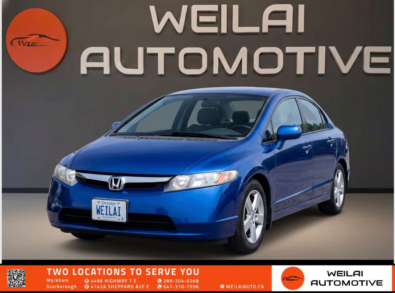 Power Moonroof | 16-Inch Alloy Wheels | 4-Wheel Disc Brakes | Auxiliary Audio Input | Advanced Compatibility Engineering Body Structure | Low credit? No credit? Established Credit? We accept ALL!!! - Contact Us Today!Test Drive the 2006 Honda Civic EX Today! <br/> The 2006 Honda Civic EX is a legendary compact sedan renowned for its outstanding reliability, impressive fuel economy, and spirited driving dynamics. Perfectly suited for daily commuting or weekend road trips across Ontario, this Canadian-market EX trim offers an elevated experience with a power moonroof, premium audio features, and a comfortable, spacious cabin. It is a fantastic choice for anyone seeking a dependable and economical vehicle without compromising on everyday conveniences. <br/> Performance: <br/> Engine: 1.8L 16-valve SOHC i-VTEC 4-cylinder <br/> Horsepower: 140 hp <br/> Torque: 128 lb-ft <br/> Transmission: 5-speed automatic <br/> Drivetrain: FWD <br/> Exterior: <br/> 16-inch alloy wheels <br/> One-touch power moonroof with tilt feature <br/> Body-coloured power side mirrors <br/> Variable intermittent windshield wipers <br/> Chrome exhaust finisher <br/> Interior: <br/> Air conditioning with air-filtration system <br/> Power windows with auto-up and down driver window <br/> Cruise control with steering wheel-mounted controls <br/> 60/40 split fold-down rear seatback <br/> Driver seat with manual height adjustment <br/> Technology: <br/> 160-watt AM/FM/CD audio system with 6 speakers <br/> MP3 and WMA playback capability <br/> Auxiliary input jack for external media devices <br/> Remote entry system with electronic trunk release <br/> Exterior temperature indicator <br/> Safety: <br/> Advanced Compatibility Engineering body structure <br/> 4-wheel disc brakes with Anti-lock Braking System <br/> Electronic Brake-force Distribution <br/> Dual-stage dual-threshold front airbags <br/> Front side airbags with passenger-side Occupant Position Detection System <br/> Approximate Fuel Efficiency: <br/> City: 8.2 L/100 km <br/> Highway: 5.7 L/100 km! <br/> Our inventory at Weilai Automotive Inc. is moving incredibly fast, and reliable, well-maintained vehicles like this 2006 Honda Civic EX never stay on the lot for long. Do not miss your chance to own this highly sought-after sedan. Visit our Markham showroom today for a test drive and secure the keys before it is gone! <br/> Financing and Credit Options Weilai Automotive Inc. is committed to assisting customers with all types of credit backgrounds. Financing terms, including rates and options, will vary based on credit history and other factors. To protect your privacy, a signed consent form is required to review your financing options. Please contact us to schedule an appointment at your earliest convenience. <br/> Pricing, Taxes, and Additional Fees Prices do not include HST or licensing fees. A free Carfax report is available on our website at weilaiauto.ca. We serve customers across the GTA, including but not limited to Markham, Scarborough, Barrie, Stouffville, Toronto, Richmond Hill, East Gwillimbury, Aurora, North York, East York, Whitby, and Brampton. <br/> Contact Us To book an appointment, request more information, or discuss financing, please call 289-204-6368 or email info@weilaiauto.ca. We highly recommend scheduling a visit so you can inspect and test-drive the vehicle in person. <br/> “As-Is” Vehicle Condition This vehicle is sold “as is.” We have not performed a mechanical inspection nor provided a safety certificate, and we cannot determine what may be required for it to meet safety standards. Although the original owner used this vehicle daily and it appears to be in good condition, buyers are strongly encouraged to inspect and test-drive the vehicle prior to purchase. <br/> OMVIC Disclosure for As-Is Vehicles <br/> “This vehicle is being sold ‘as is,’ unfit, not e-tested, and is not represented as being in road-worthy condition, mechanically sound, or maintained at any guaranteed level of quality. The vehicle may not be fit for use as a means of transportation and may require substantial repairs at the purchaser’s expense. It may not be possible to register the vehicle to be driven in its current condition.”Although this wording may seem strict, it is a standard industry disclaimer required by OMVIC. From our observations, the vehicle appears to be in good condition, but it is sold without any guarantees or warranties. <br/> Disclaimer The descriptions above and the contents on this vehicle detail page are generated by AI and other tools (such as a VIN decoder) which may contain inaccuracies or errors. They are provided for reference only and may not be entirely reliable. While we make every effort to provide accurate information, we strongly recommend verifying all details by inspecting the actual vehicle and reviewing its owner’s manual. <br/>