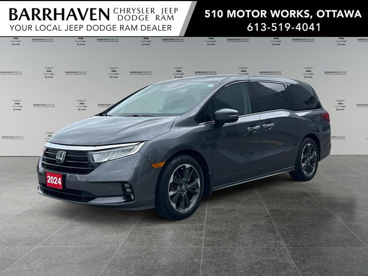 The 2024 Honda Odyssey Touring Auto in a sophisticated gray is a superb choice for those in search of a family-friendly vehicle with style and functionality. With its front-wheel drive and automatic transmission, the Odyssey delivers smooth handling and reliable performance. This van features a meticulously designed exterior and an interior replete with thoughtful touches like leather seats and a leather-wrapped steering wheel, ensuring a comfortable ride for all passengers. The Odyssey stands out with its alloy wheels and offers practicality and elegance with its heated and power-adjustable mirrors for convenience in varying weather conditions. Equipped with advanced technology, the Odyssey includes a comprehensive suite of features such as a navigation system and a backup camera, ensuring ease of navigation and enhanced safety. Stay connected on the go with the Bluetooth connection and smart device integration. Notable safety features like lane assist and adaptive cruise control offer added peace of mind while driving. Enjoy entertainment for all the family with the DVD/entertainment system and the state-of-the-art infotainment system boasting a wi-fi hotspot. This vehicle is perfect for busy families or individuals looking for space, luxury, and technology in one package. Contact Barrhaven Jeep Dodge Chrysler Ram to learn more about the Honda Odyssey Touring Auto and make it yours today! FREE CARFAX, NO ADMIN FEES, NON SMOKER, CERTIFIED PRICE PLUS TAX ONLY!!