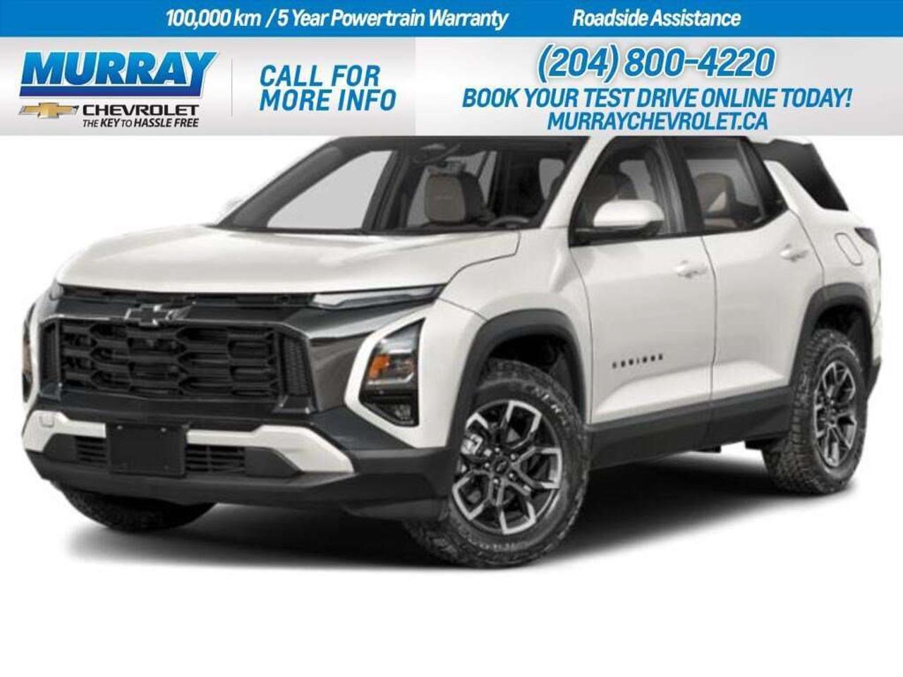 * ENGINE BLOCK HEATER * * LPO FLOOR LINER PACKAGE * * ENGINE 1.5L TURBO DOHC 4-CYLINDER SIDI VVT *  Discover the dynamic and versatile 2027 Chevrolet Equinox AWD ACTIV in the vibrant city of Winnipeg. This sport utility vehicle is designed to offer you a seamless blend of performance and comfort. Experience the power of a turbocharged 1.5-liter DOHC 4-cylinder engine, providing you with a spirited drive that is both efficient and exhilarating. Paired with a smooth 8-speed automatic transmission, the Equinox ensures an effortless driving experience, whether youre navigating urban streets or venturing off the beaten path.  Step inside to find the exquisite Maple Sugar Sueded Microfibre seat trim that enhances your journey with a touch of luxury. The interior is thoughtfully designed with smart device integration, adjustable steering wheel, and a power driver seat to keep you comfortable and connected on the go. Safety is a top priority with features like blind spot monitor, lane departure warning, and rear parking aid, providing peace of mind every time you hit the road.  Enhance your driving experience with the hands-free liftgate and all-weather floor liners, making the Equinox the perfect companion for any adventure in and around Winnipeg. The Polar White Tricoat exterior exudes a sleek and modern appeal, ensuring you stand out wherever you travel. Enjoy the convenience of remote engine start and keyless entry, making every journey as seamless as possible.  Dealer Permit #1740