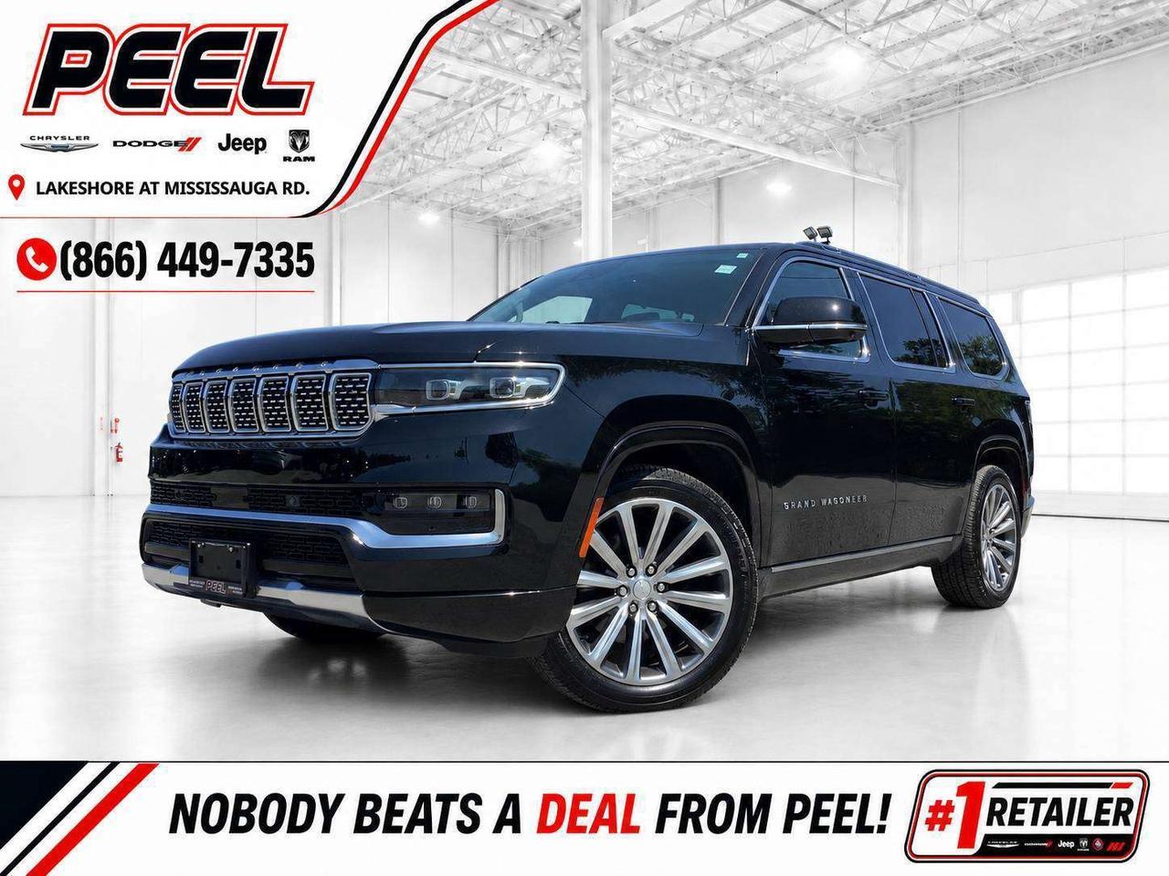 COME SEE WHY NOBODY BEATS A DEAL FROM PEEL! Your Source for ALL make and models used cars and trucks. 2022 Jeep Grand Wagoneer Series I 4x4 | 6.4L V8 | Diamond Black Crystal Pearl | 8-Passenger Nappa Leather Interior | 20-Way Power Front Seats with Massage Function | Heated & Ventilated Front Seats | Heated Second-Row Seats | McIntosh 19-Speaker Premium Audio System | Uconnect 5 NAV with 12" Touchscreen | Front Passenger Interactive Display | Head-Up Display | Three-Panel Panoramic Sunroof | Wireless Apple CarPlay & Android Auto | Wireless Charging Pad | Four-Zone Automatic Climate Control | Adaptive Cruise Control with Stop & Go | Forward Collision Warning with Active Braking | Blind Spot Monitoring | Active Lane Management | 360&deg; Surround View Camera | Automated Parking Assist | Power Deployable Running Boards | Power Liftgate | Quadra-Drive II 4x4 | Quadra-Lift Air Suspension | Selec-Terrain Drive Modes | Class IV Hitch Receiver | 22" Polished Aluminum Wheels This 2022 Jeep Grand Wagoneer Series I 4x4 is built for the buyer who wants full-size luxury without compromising on space, power, or all-season confidence. Finished in Diamond Black Crystal Pearl, it offers rare eight-passenger seating wrapped in Nappa leather, with 20-way power front seats that heat, ventilate, and massage. The second row is heated, all three rows are designed for real passenger comfort, and the three-panel panoramic sunroof gives the already expansive cabin an open, first-class feel. A McIntosh 19-speaker premium audio system, 12-inch navigation touchscreen, head-up display, front passenger interactive display, wireless Apple CarPlay and Android Auto, wireless charging, and four-zone climate control make every seat feel considered. The 6.4L V8 delivers the smooth, effortless power expected from a flagship luxury SUV, while Quadra-Drive II 4x4 and the Quadra-Lift air suspension give it composed road manners and confidence through Canadian winters. Adaptive cruise control, forward collision warning with active braking, blind-spot monitoring, active lane management, a 360&deg; camera, and automated parking assist make this large SUV surprisingly easy to live with. Power-deployable running boards, a power liftgate, Class IV hitch receiver, and 22-inch polished wheels complete an SUV that is equally ready for family travel, executive comfort, and weekends away. ______________________________________________________ FREE CarFax included! Click the CarFax link in the listing to view the report. Our advertised prices are for consumers/end users only and are not intended for dealer, wholesale, exporter, or broker purchases. ______________________________________________________ Peel Chrysler is based in Port Credit, Mississauga, and proudly serves customers across Ontario and Canada, including Toronto, Oakville, North York, Richmond Hill, Ajax, Hamilton, Niagara Falls, Brampton, Scarborough, Vaughan, London, Windsor, Cambridge, Kitchener, Waterloo, Brantford, Sarnia, Pickering, Huntsville, Milton, Woodbridge, Aurora, Newmarket, Orangeville, Georgetown, Markham, North Bay, Sudbury, Barrie, Oshawa, Kingston, Innisfil, and surrounding areas. Browse our selection of used cars, trucks, SUVs, vans, Ram, Jeep, Dodge, Chrysler, FIAT, and all makes and models at peelchrysler.com. ______________________________________________________ Disclaimer: Prices are for consumer/end-user purchases only. Advertised prices are all-in and include all dealer fees and charges, including the $599 loan processing fee where applicable, except HST, Fuel and Licensing, unless otherwise stated. Payments, rates, and terms are subject to approved credit and may change without notice. If a trade-in has an outstanding loan balance and Peel Chrysler is required to facilitate the lien payout, a $349 lien payout fee applies. Most pre-owned vehicles originally come with two keys; however, all Peel Chrysler pre-owned vehicles come standard with one key unless otherwise stated. Vehicle images may be digitally adjusted or enhanced for presentation purposes and may not always reflect the exact appearance of the vehicle. While we make every effort to ensure accuracy, vehicle details, features, options, materials, history, specifications, pricing, availability, and CarFax information should be verified with Peel Chrysler before purchase.