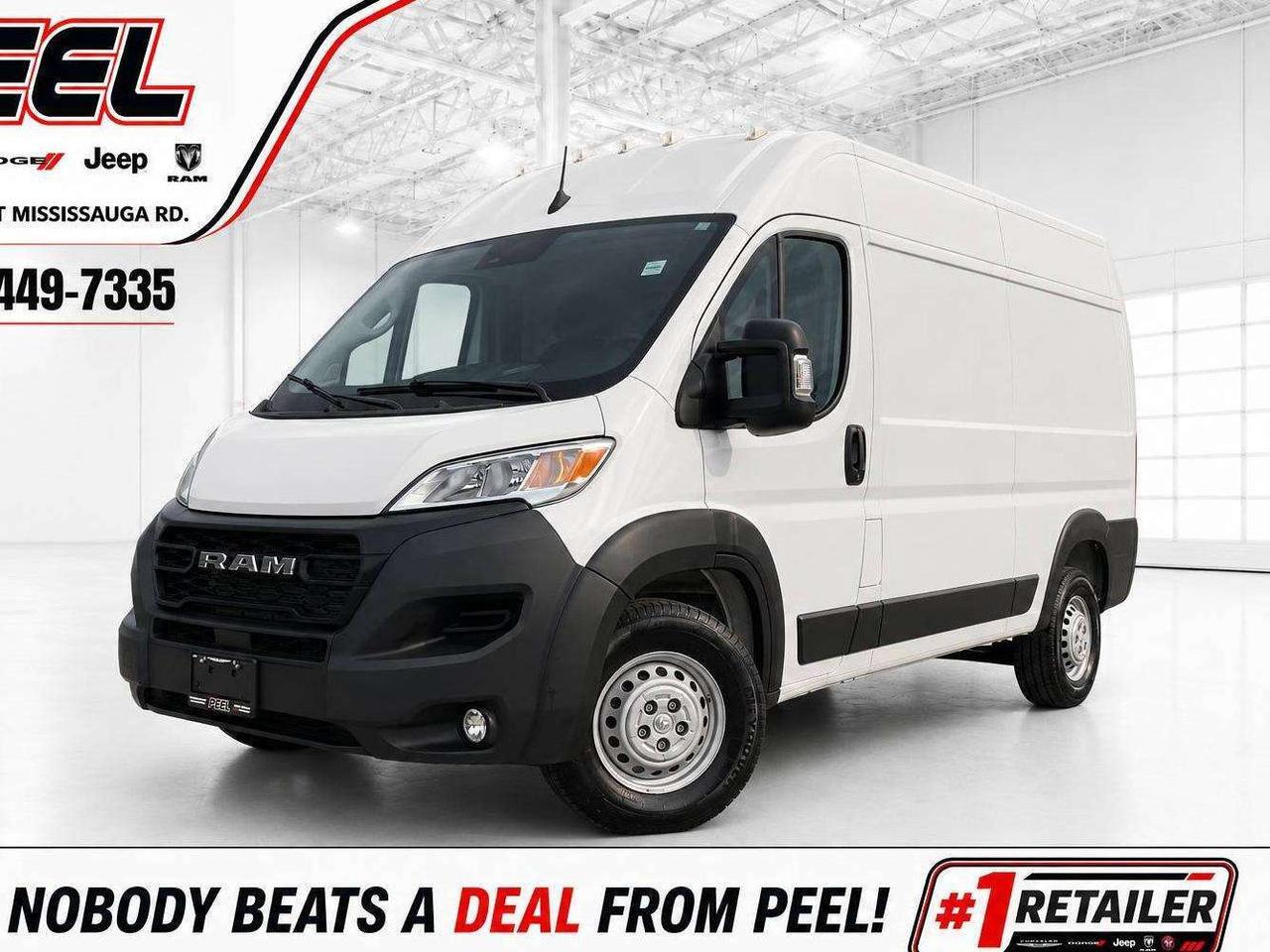 COME SEE WHY NOBODY BEATS A DEAL FROM PEEL! Your Source for ALL make and models used cars and trucks.

2025 Ram ProMaster Cargo Van 136-Inch High Roof FWD | 3.6L Pentastar V6 | Bright White | High-Roof Cargo Area | Cargo Partition with Sliding Window | Mopar Full-Length Cargo Floor Mat | Upper & Lower Cargo Wall Protection | Rear Cargo LED Lighting | Uconnect 5 7-Inch Touchscreen Display | Apple CarPlay & Android Auto | Adaptive Cruise Control with Stop & Go | Forward Collision Warning | Pedestrian Emergency Braking | Drowsy Driver Detection | Traffic Sign Information | Rear Back-Up Camera | Heated Power-Folding Mirrors | Fog Lamps | Full-Size Spare Tire

Built for the contractor, service professional, or growing business that needs a serious mobile workspace without overspending, this 2025 Ram ProMaster High Roof Cargo Van delivers the space, access, and equipment to get more done every day. The high-roof cargo area gives you the vertical room to organize tools and materials, while the factory cargo partition with sliding window keeps the cab separate from the work area. A full-length Mopar cargo floor mat, upper and lower cargo wall protection, and rear LED cargo lighting help keep the workspace protected, visible, and ready for the next job. Up front, the Uconnect 5 touchscreen with Apple CarPlay and Android Auto keeps calls, navigation, and workday communication close at hand, while adaptive cruise control, forward collision warning, pedestrian emergency braking, drowsy-driver detection, traffic-sign information, and a rear camera add valuable confidence on busy job-site runs. Finished in Bright White with heated power-folding mirrors, fog lamps, and a full-size spare tire, this is a smart, well-equipped business investment that is ready to earn its keep from day one.
______________________________________________________

FREE CarFax included! Click the CarFax link in the listing to view the report.

Our advertised prices are for consumers/end users only and are not intended for dealer, wholesale, exporter, or broker purchases.
______________________________________________________

Peel Chrysler is based in Port Credit, Mississauga, and proudly serves customers across Ontario and Canada, including Toronto, Oakville, North York, Richmond Hill, Ajax, Hamilton, Niagara Falls, Brampton, Scarborough, Vaughan, London, Windsor, Cambridge, Kitchener, Waterloo, Brantford, Sarnia, Pickering, Huntsville, Milton, Woodbridge, Aurora, Newmarket, Orangeville, Georgetown, Markham, North Bay, Sudbury, Barrie, Oshawa, Kingston, Innisfil, and surrounding areas. Browse our selection of used cars, trucks, SUVs, vans, Ram, Jeep, Dodge, Chrysler, FIAT, and all makes and models at peelchrysler.com.
______________________________________________________

Disclaimer: Prices are for consumer/end-user purchases only. Advertised prices are all-in and include all dealer fees and charges, including the $599 loan processing fee where applicable, except HST, Fuel and Licensing, unless otherwise stated. Payments, rates, and terms are subject to approved credit and may change without notice. If a trade-in has an outstanding loan balance and Peel Chrysler is required to facilitate the lien payout, a $349 lien payout fee applies. Most pre-owned vehicles originally come with two keys; however, all Peel Chrysler pre-owned vehicles come standard with one key unless otherwise stated. Vehicle images may be digitally adjusted or enhanced for presentation purposes and may not always reflect the exact appearance of the vehicle. While we make every effort to ensure accuracy, vehicle details, features, options, materials, history, specifications, pricing, availability, and CarFax information should be verified with Peel Chrysler before purchase.