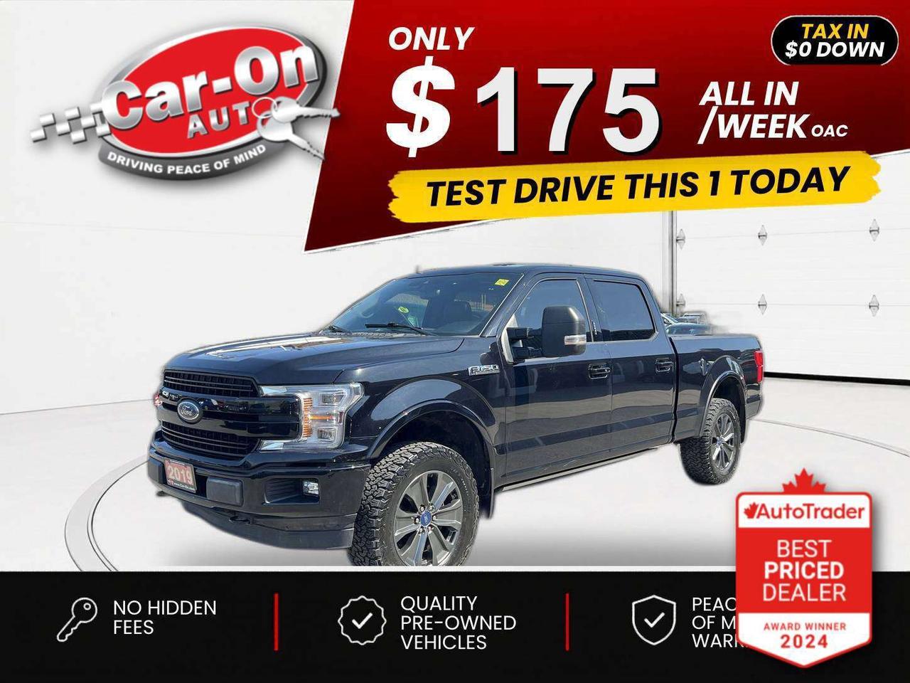 $0 DOWN $175/WEEK ALL IN INCLUDING ONTARIO TAXES O.A.C* LOADED LARIAT SPORT SUPERCREW 4X4 W/ 375HP 3.5L ECOBOOST!! Leather, panoramic sunroof, heated/cooled front seats & heated rear seats, 8-inch touchscreen w/ navigation, remote start, 20-inch alloys, blind spot monitor, rear cross-traffic alert, pre-collision system, backup camera w/ rear park sensors, hard folding tonneau cover, Android Auto/ Apple CarPlay, Bang & Olufsen premium audio system, dual-zone climate control, tow package w/ integrated trailer brake controller, tow mirrors, 6-foot 6-inch bed w/ spray-in bedliner, automatic headlights, keyless entry w/ push start, power running boards, full power group incl. power driver & passenger seats w/ driver memory, leather-wrapped steering wheel, Bluetooth and Sirius XM!!*This car was used as a previous daily rental*