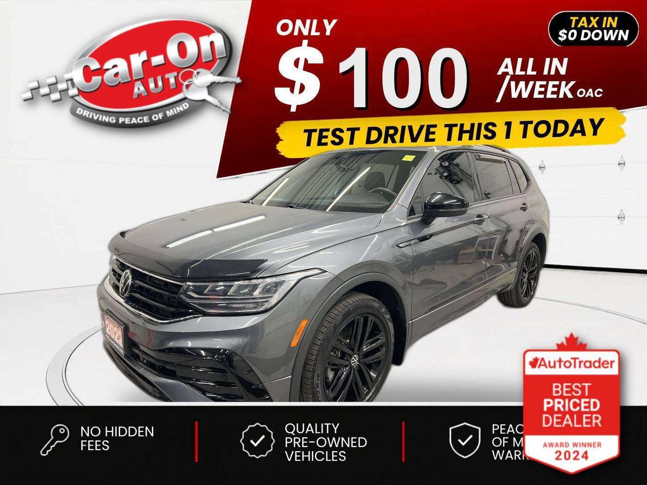 $0 DOWN $100/WEEK ALL IN INCLUDING ONTARIO TAXES O.A.C* Comfortline R-Line Black Edition All-Wheel Drive w/ Leather, panoramic sunroof, heated seats & steering, wireless Android Auto/ Apple CarPlay, remote start, premium 19-inch black alloys, wireless charging, digital cockpit, adaptive cruise control w/ stop & go, blind spot monitor, rear cross-traffic alert, pre-collision system, lane departure warning, dual-zone climate control, rain-sensing wipers, keyless entry, power liftgate, full power group incl. power seat, automatic headlights, drive mode selection, Bluetooth and more!!This vehicle just landed and is awaiting a full detail and photo shoot. Contact us and book your viewing today!