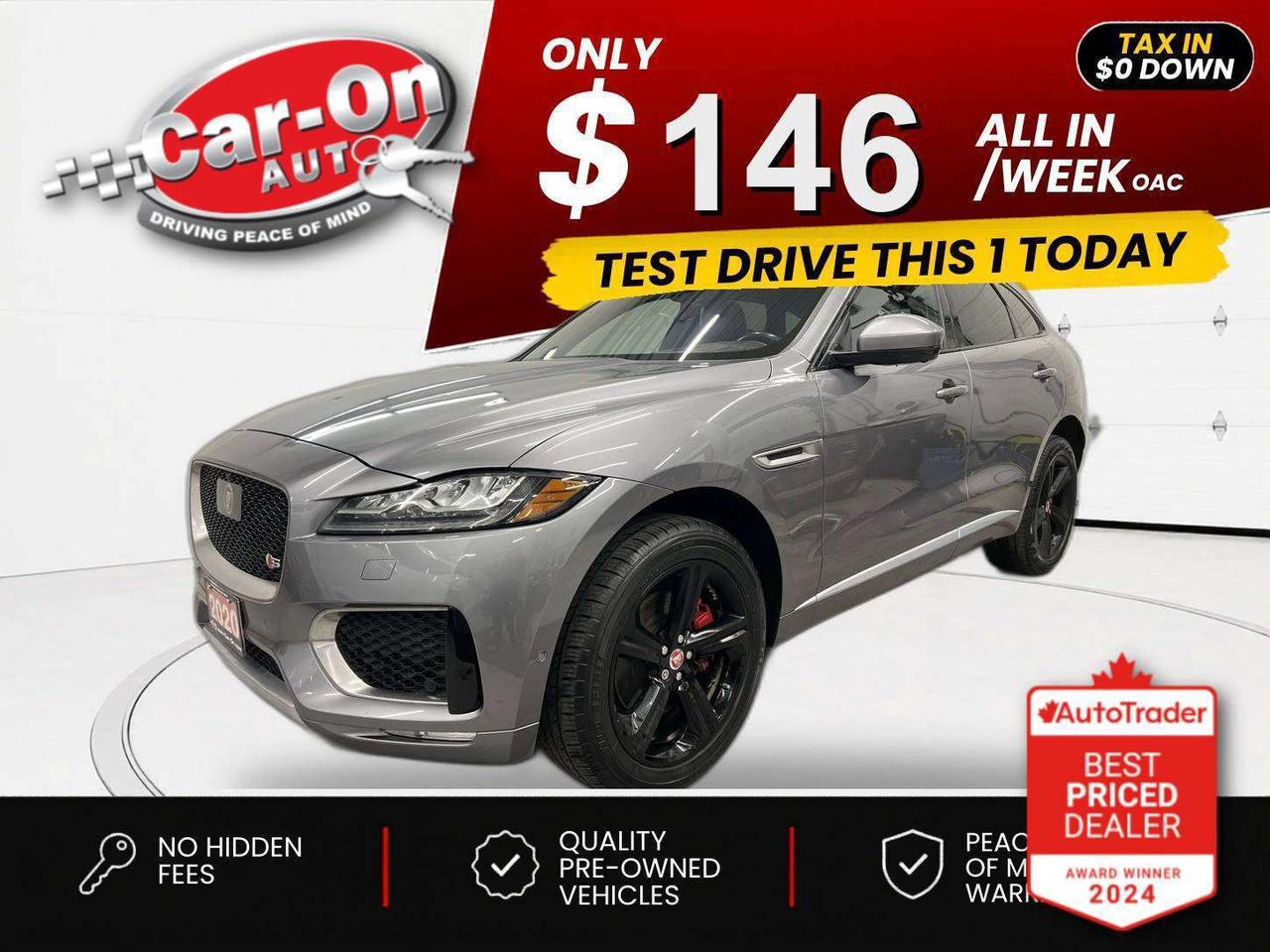 $0 DOWN $146/WEEK ALL IN INCLUDING ONTARIO TAXES O.A.C* LOADED ALL-WHEEL DRIVE S W/ 380HP SUPERCHARGED V6 ENGINE, DRIVER ASSISTANCE, DRIVE AND TECHNOLOGY PACKAGES!! Leather panoramic sunroof, heated seats & steering, heads-up display, 360 camera w/ front & rear park sensors, Apple CarPlay/Android Auto, navigation, active park assist, premium 20-inch alloys, adaptive cruise control, blind spot monitor, rear cross-traffic alert, lane-keep assist, pre-collision system, Meridian Surround premium audio system, power seats & steering column w/ driver memory, power liftgate, paddle shifters, dual-zone climate control, rain-sensing wipers, automatic headlights, auto-dimming rearview mirror, garage door opener, Adaptive Dynamics drive configurator, leather-wrapped steering wheel, Bluetooth and Sirius XM!*This car was used as a previous daily rental*
