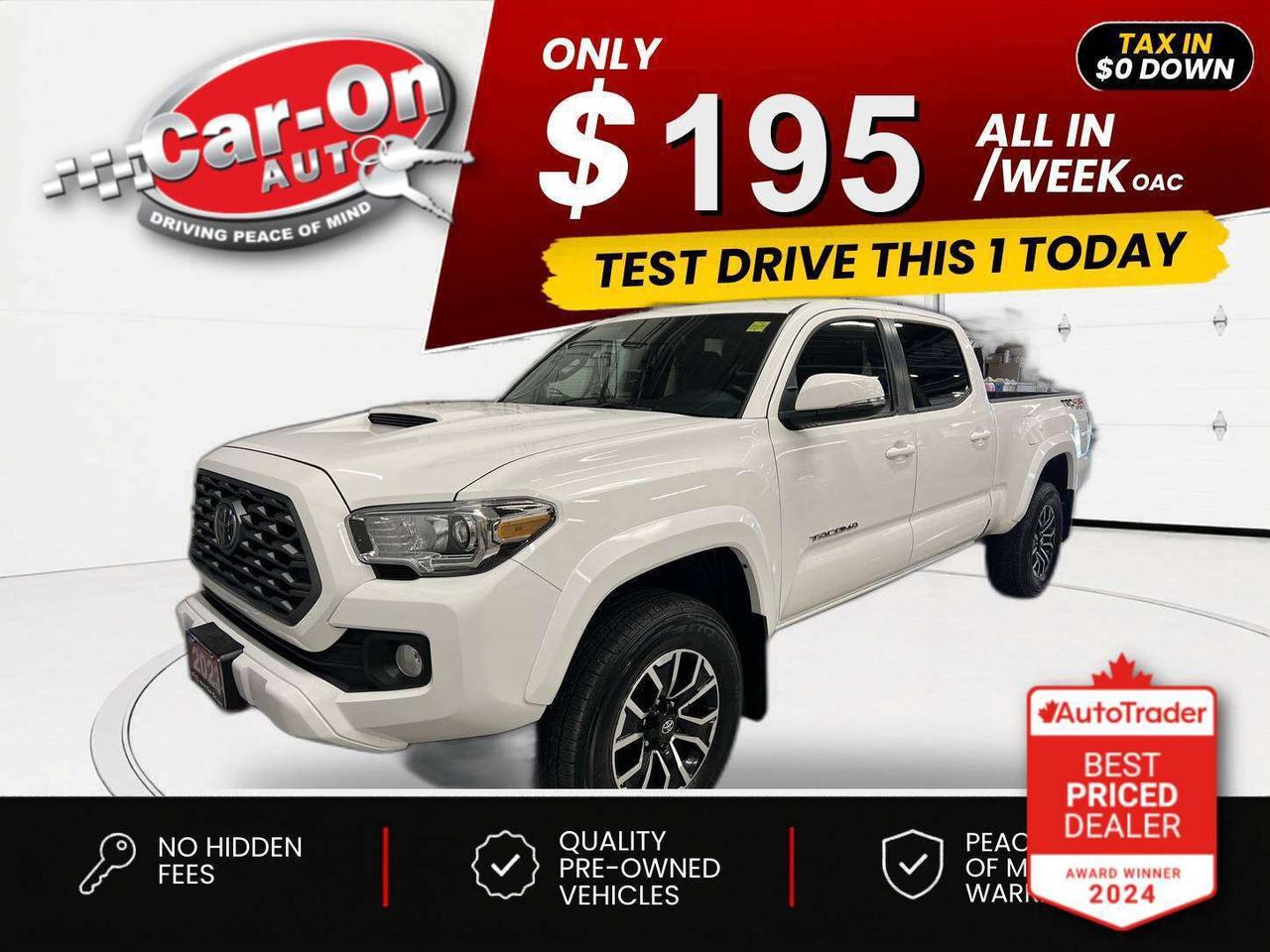$0 DOWN $195/WEEK ALL IN INCLUDING ONTARIO TAXES O.A.C* ONLY 32,000KMS!! TRD SPORT 4X4 Double Cab w/ Heated seats, Android Auto/ Apple CarPlay, 17-inch alloys, navigation, adaptive cruise control, pre-collision system, lane departure warning, backup camera, tow package, 6-foot bed w/ bedliner, dual-zone climate control, keyless entry w/ push start, full power group incl. power seat, automatic headlights w/ auto highbeams, garage door opener, auto-dimming rearview mirror, Bluetooth and Sirius XM!*This car was used as a previous daily rental*
