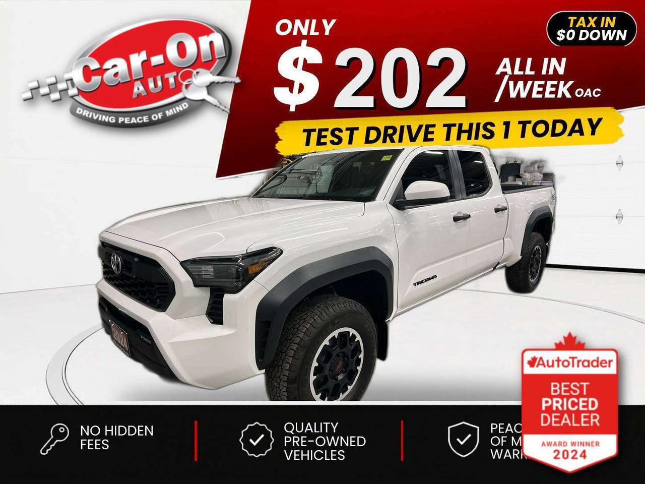 $0 DOWN $202/WEEK ALL IN INCLUDING ONTARIO TAXES O.A.C* ONLY 23,000KMS!! TRD OFF ROAD Double Cab 4X4 w/ Heated seats, Android Auto/ Apple CarPlay, 17-inch alloys, adaptive cruise control, blind spot monitor, rear cross-traffic alert, pre-collision system, lane departure warning, backup camera, tow package, 6-foot bed w/ bedliner, crawl control, Bilstein shocks, automatic climate control, keyless entry w/ push start, full power group, automatic headlights w/ auto highbeams, Bluetooth and Sirius XM!!