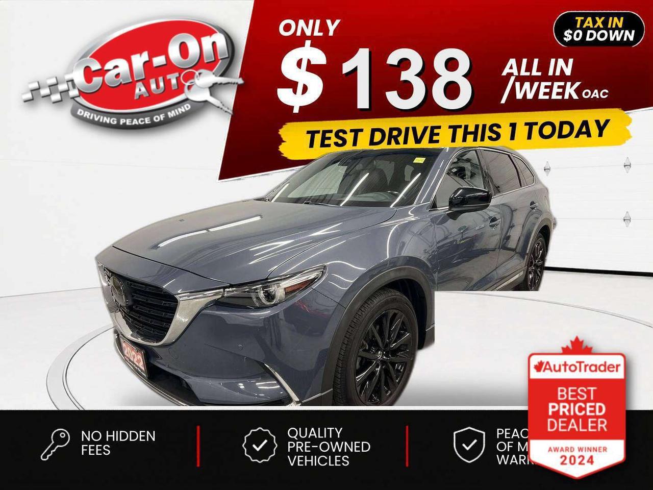 $0 DOWN $138/WEEK ALL IN INCLUDING ONTARIO TAXES O.A.C* ONLY 44,000KMS!! KURO EDITION 6-PASSENGER ALL-WHEEL DRIVE!! W/ 250HP TURBO ENGINE!! Garnet red leather seats, sunroof, heated/cooled front & 2nd row captains chairs, heated steering, premium 20-inch black alloys, heads-up display, 360 camera w/ front & rear park sensors, 10.25-inch screen w/ Android Auto/ Apple CarPlay, navigation, adaptive cruise control, blind spot monitor, rear cross-traffic alert, pre-collision system, traffic sign recognition, lane departure warning, premium Bose audio system, wireless charger, three-zone climate control, rain-sensing wipers, rear sunshades, keyless entry w/ push start, power liftgate, full power group incl. power driver & passenger seats w/ driver memory, automatic headlights w/ auto highbeams, garage door opener, auto-dimming rearview mirror, Bluetooth and Sirius XM!!