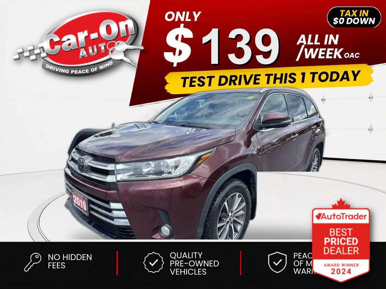 $0 DOWN $139/WEEK ALL IN INCLUDING ONTARIO TAXES O.A.C* XLE 8-Passenger All-Wheel Drive w/ Leather, sunroof, heated seats, navigation, 18-inch alloys, adaptive cruise control, blind spot monitor, rear cross-traffic alert, pre-collision system, lane departure warning, backup camera, three-zone climate control, keyless entry w/ push start, power liftgate, full power group incl. power driver & passenger seats, automatic headlights w/ auto high beams, Bluetooth and more!!*This car was used as a previous daily rental*This vehicle just landed and is awaiting a full detail and photo shoot. Contact us and book your viewing today!