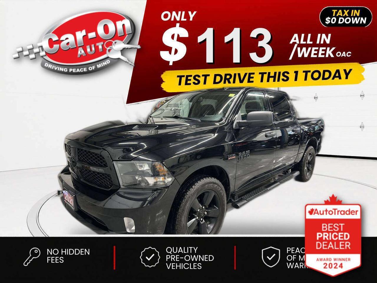 $0 DOWN $113/WEEK ALL IN INCLUDING ONTARIO TAXES O.A.C* EXPRESS NIGHT EDITION CREW CAB 4X4 W/ 5.7L HEMI V8!!! Heated seats & steering, Android Auto/ Apple CarPlay, remote start, spray-in bedliner, 20-inch black alloys, backup camera, tow package, 5-foot 7-inch box, running boards, dual-zone climate control, keyless entry, power locks, power mirrors, power seat, power windows, automatic headlights, cruise control, Bluetooth and Sirius XM!!