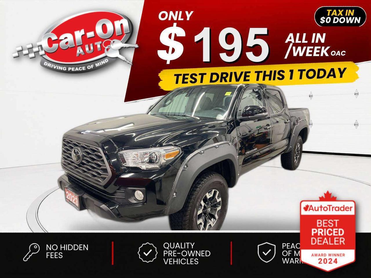 $0 DOWN $195/WEEK ALL IN INCLUDING ONTARIO TAXES O.A.C* TRD-OFF ROAD DOUBLE CAB 4X4 W/ 3.5L V6!! Heated seats, Android Auto/ Apple CarPlay, navigation, 16-inch alloys, adaptive cruise control, pre-collision system, lane departure warning, backup camera, tow package, 5-foot box w/ bedliner, 400w AC outlet, dual-zone climate control, keyless entry w/ push start, power seat, power windows, power mirrors, power locks, automatic headlights w/ auto highbeams, Bluetooth and Sirius XM!!