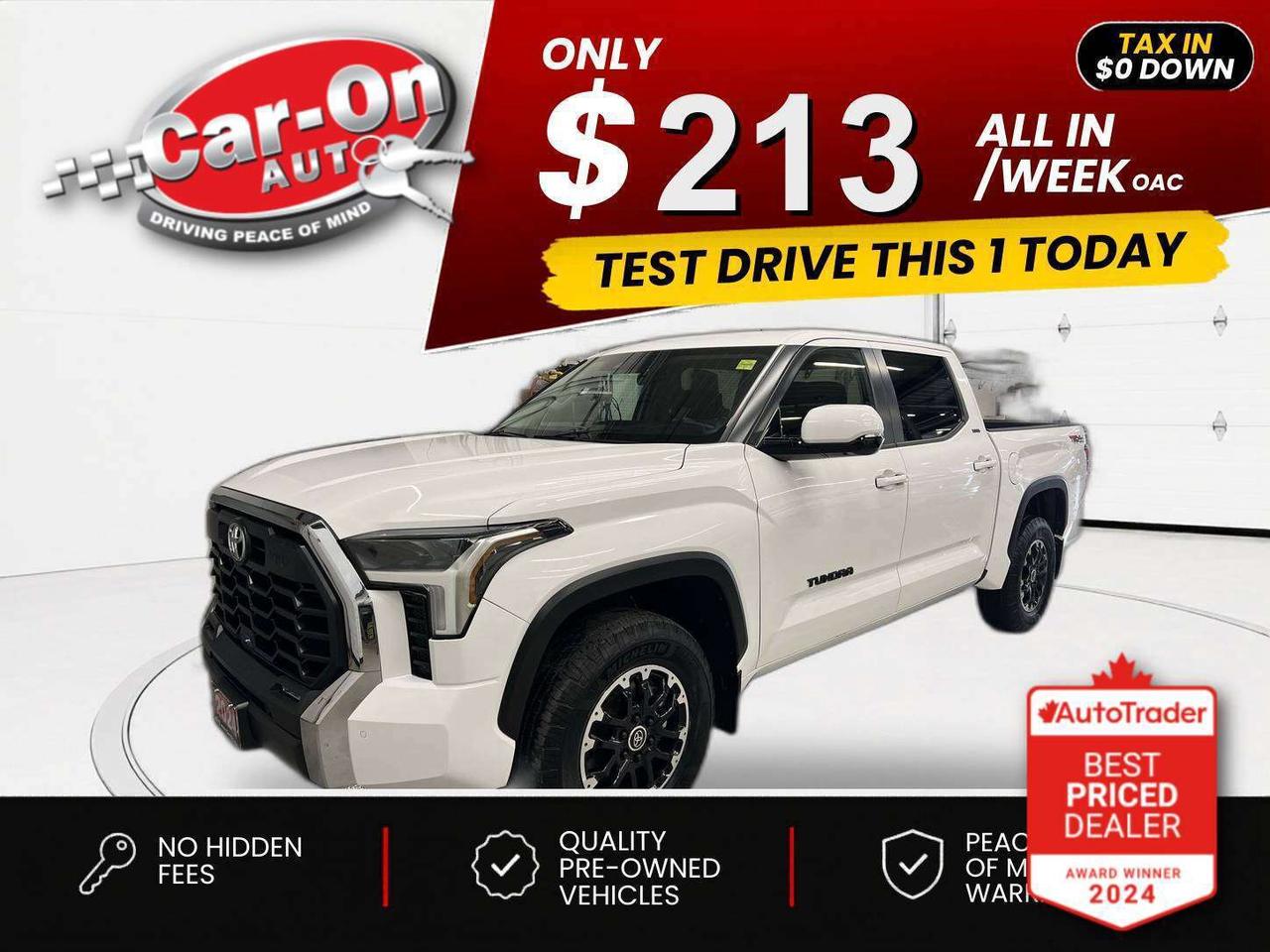 $0 DOWN $213/WEEK ALL IN INCLUDING ONTARIO TAXES O.A.C* LOW KMS! TRD OFF-ROAD 4X4 CrewMax w/ heated seats, Android Auto/ Apple CarPlay, 18-inch alloys, adaptive cruise control, blind spot monitor, rear cross-traffic alert, pre-collision system, lane departure warning, backup camera, tow package w/ integrated trailer brake controller, 5-foot 6-inch box w/ bedliner, dual-zone climate control, keyless entry w/ push start, full power group incl. power seat, automatic headlights w/ auto highbeams, Bluetooth and Sirius XM!!
