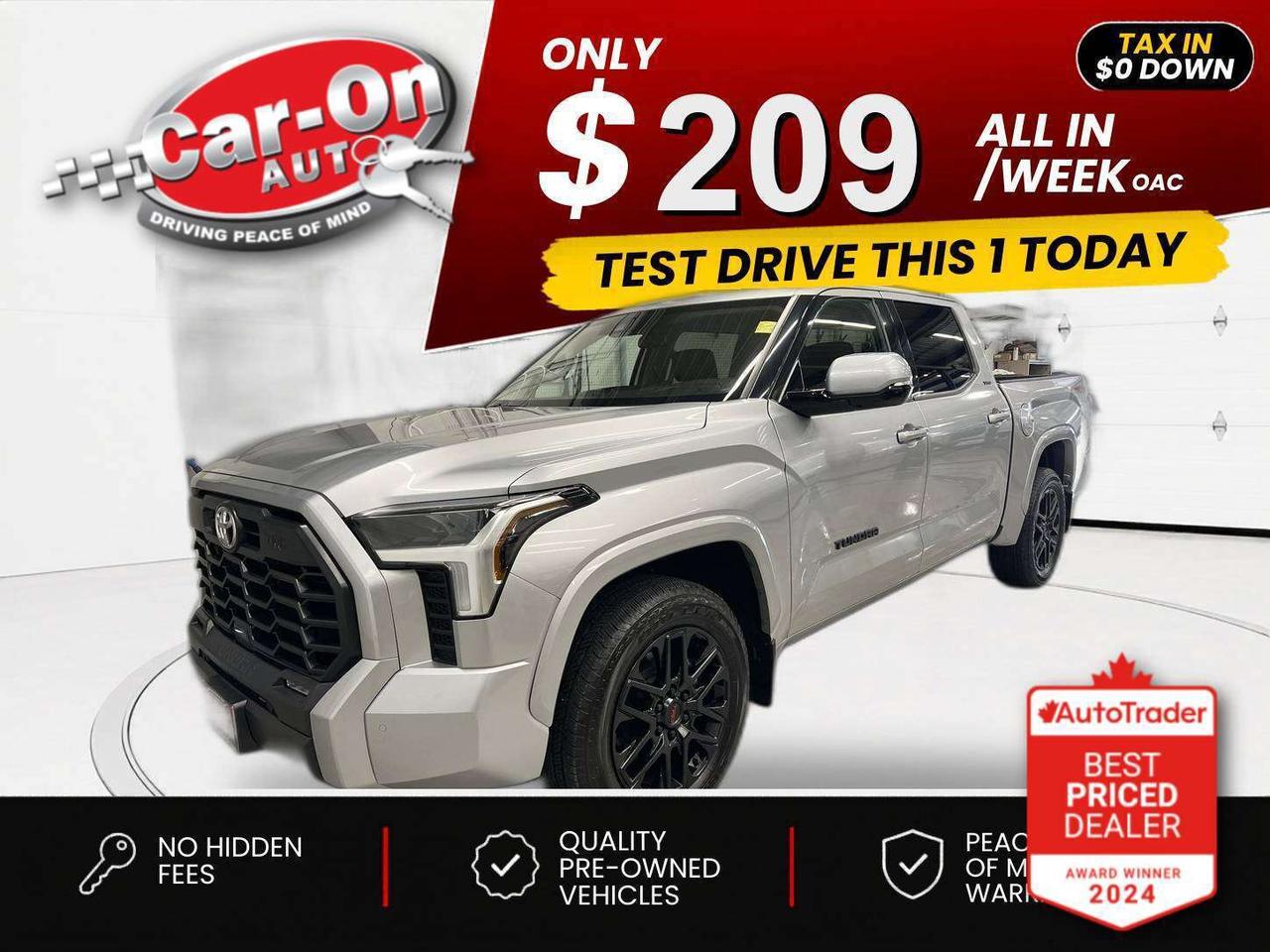 $0 DOWN $209/WEEK ALL IN INCLUDING ONTARIO TAXES O.A.C* TRD SPORT 4X4 Crew Cab w/ Heated seats & steering, Android Auto/ Apple CarPlay, 20-inch black alloys, adaptive cruise control, blind spot monitor, rear cross-traffic alert, pre-collision system, lane departure warning, backup camera, tow package w/ integrated trailer brake controller, 5-foot 6-inch box w/ bedliner, dual-zone climate control, keyless entry w/ push start, full power group incl. power drive & passenger seats, automatic headlights w/ auto highbeams, Bluetooth and Sirius XM!!