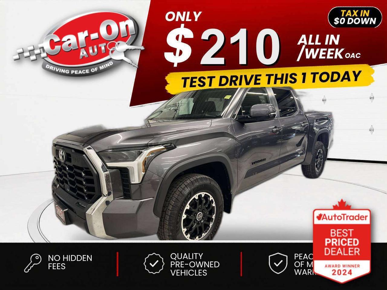 $0 DOWN $210/WEEK ALL IN INCLUDING ONTARIO TAXES O.A.C* TRD OFF ROAD Crewmax 4X4 w/ Heated seats & steering, Android Auto/ Apple CarPlay, 18-inch alloys, adaptive cruise control, blind spot monitor, rear cross-traffic alert, pre-collision system, lane departure warning, backup camera w/ front & rear park sensors, tow package w/ integrated trailer brake controller, 5-foot 6-inch box w/ bedliner, dual-zone climate control, keyless entry w/ push start, full power group incl. power driver & passenger seats, automatic headlights w/ auto highbeams, Bluetooth and Sirius XM!!