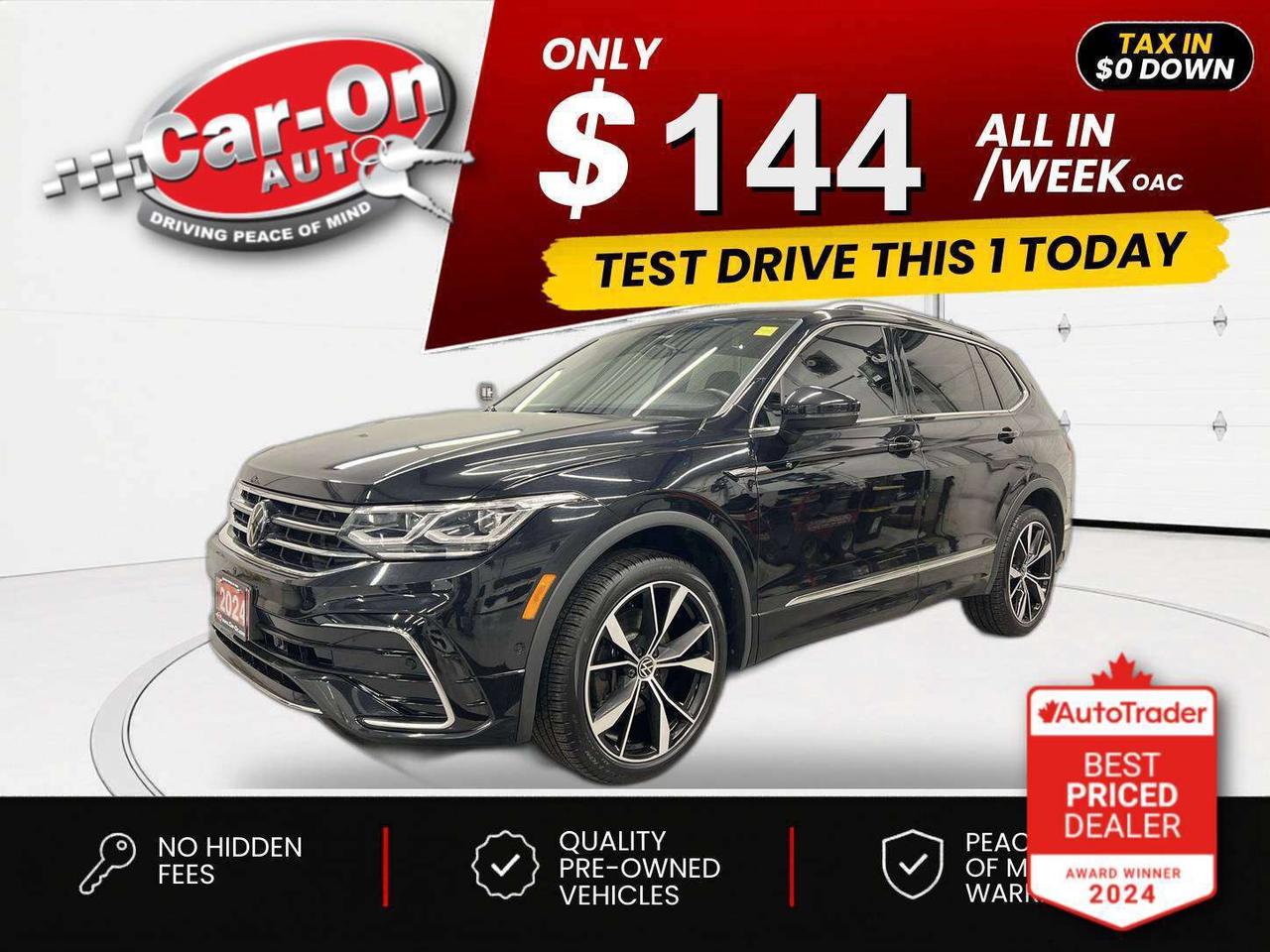 $0 DOWN $144/WEEK ALL IN INCLUDING ONTARIO TAXES O.A.C* ONLY 25,000KMS!! TOP OF THE LINE HIGHLINE R-LINE ALL-WHEEL DRIVE!! Leather, panoramic sunroof, heated/cooled front & heated rear seats, 360 camera w/ front & rear park sensors, Android Auto/ Apple CarPlay, remote start, 20-inch alloys, navigation, adaptive cruise control, blind spot monitor, rear cross-traffic alert, pre-collision system, road sign display, lane departure warning, premium Fender audio system, digital cockpit, wireless charger, three-zone climate control, keyless entry w/ push start, power liftgate, full power group incl. power driver & passenger seats w/ driver memory, automatic headlights w/ auto highbeams, drive mode selector, Bluetooth and Sirius XM!!*This car was used as a previous daily rental*