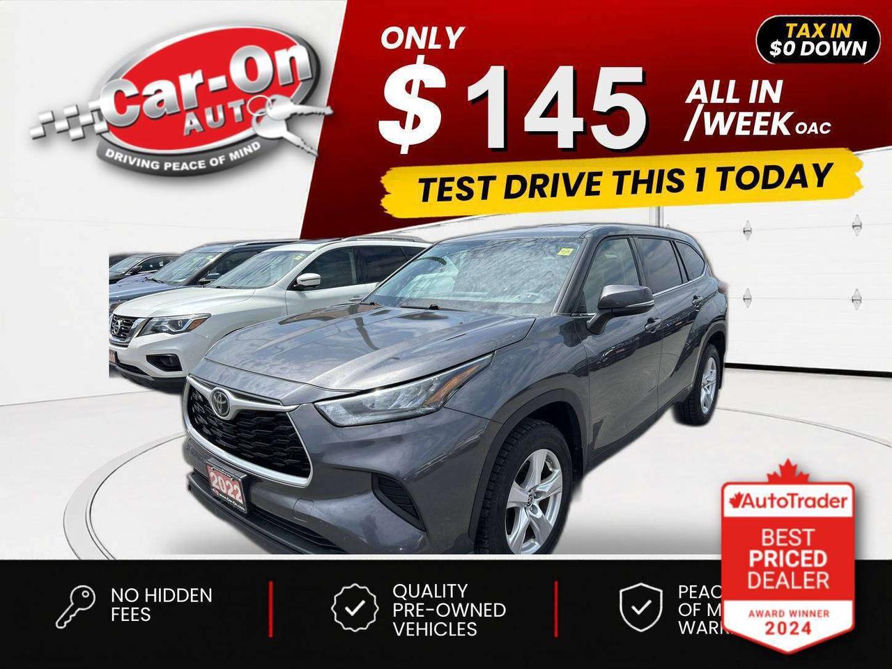 $0 DOWN $145/WEEK ALL IN INCLUDING ONTARIO TAXES O.A.C* 8-Passenger All-Wheel Drive w/ Heated seats, Android Auto/ Apple CarPlay, 18-inch alloys, adaptive cruise control, blind spot monitor, rear cross-traffic alert, pre-collision system, lane departure warning, backup camera, three-zone climate control, keyless entry w/ push start, full power group incl. power seat, automatic headlights w/ auto highbeams, Bluetooth and more!!This vehicle just landed and is awaiting a full detail and photo shoot. Contact us and book your viewing today!