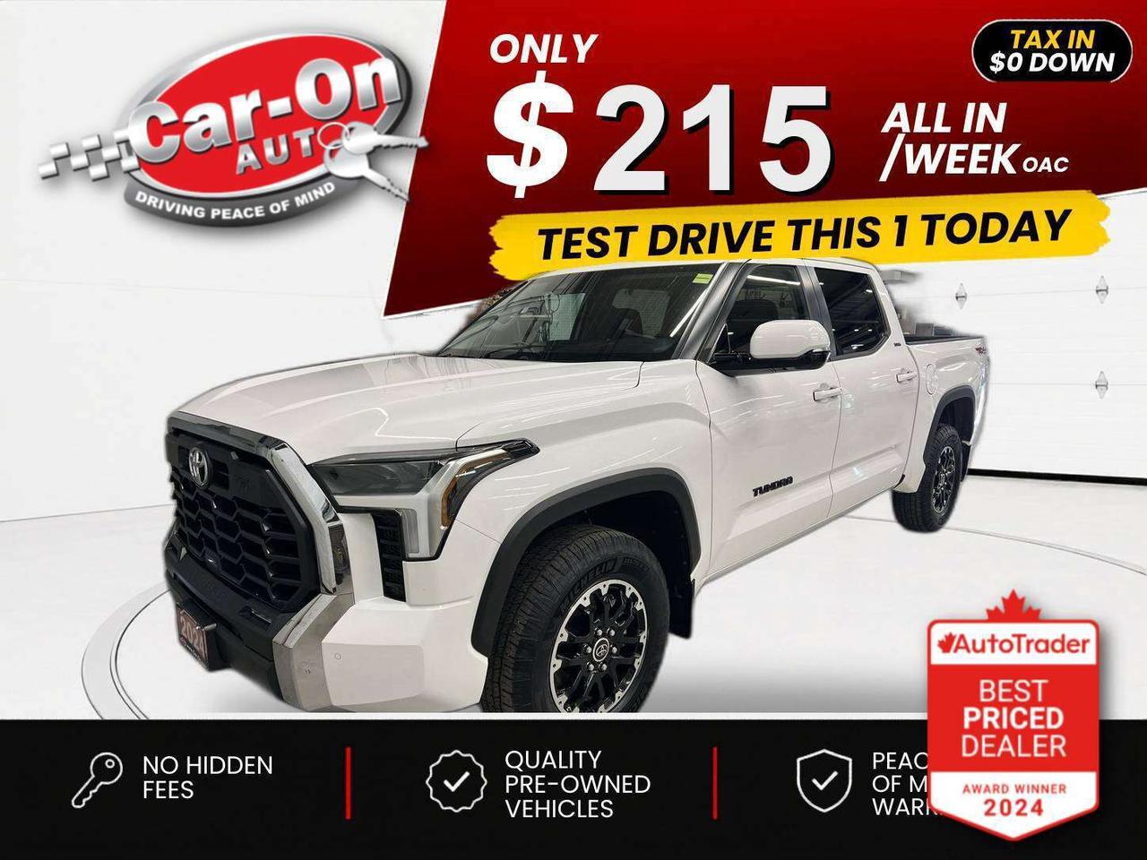 $0 DOWN $215/WEEK ALL IN INCLUDING ONTARIO TAXES O.A.C* TRD OFF ROAD 4X4 CrewMax w/ Heated seats & steering, Android Auto/ Apple CarPlay, 18-inch alloys, adaptive cruise control, blind spot monitor, rear cross-traffic alert, pre-collision system, lane departure warning, backup camera, tow package w/ integrated trailer brake controller, 5-foot 6-inch box w/ bedliner, dual-zone climate control, keyless entry w/ push start, full power group incl. power driver & passenger seats, automatic headlights w/ auto highbeams, Bluetooth and Sirius XM!!*This car was used as a previous daily rental*