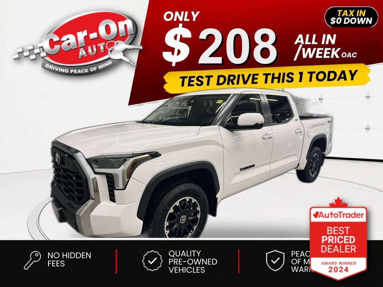 $0 DOWN $208/WEEK ALL IN INCLUDING ONTARIO TAXES O.A.C* TRD Off Road 4X4 CrewMax w/ Heated seats & steering, Android Auto/ Apple CarPlay, 18-inch alloys, tow package w/ integrated trailer brake controller, 5-foot 6-inch box w/ bedliner, adaptive cruise control, blind spot monitor, rear cross-traffic alert, pre-collision system, lane departure warning, backup camera, dual-zone climate control, keyless entry w/ push start, full power group incl. power seat, automatic headlights w/ auto highbeams, Bluetooth and Sirius XM!!*This car was used as a previous daily rental*
