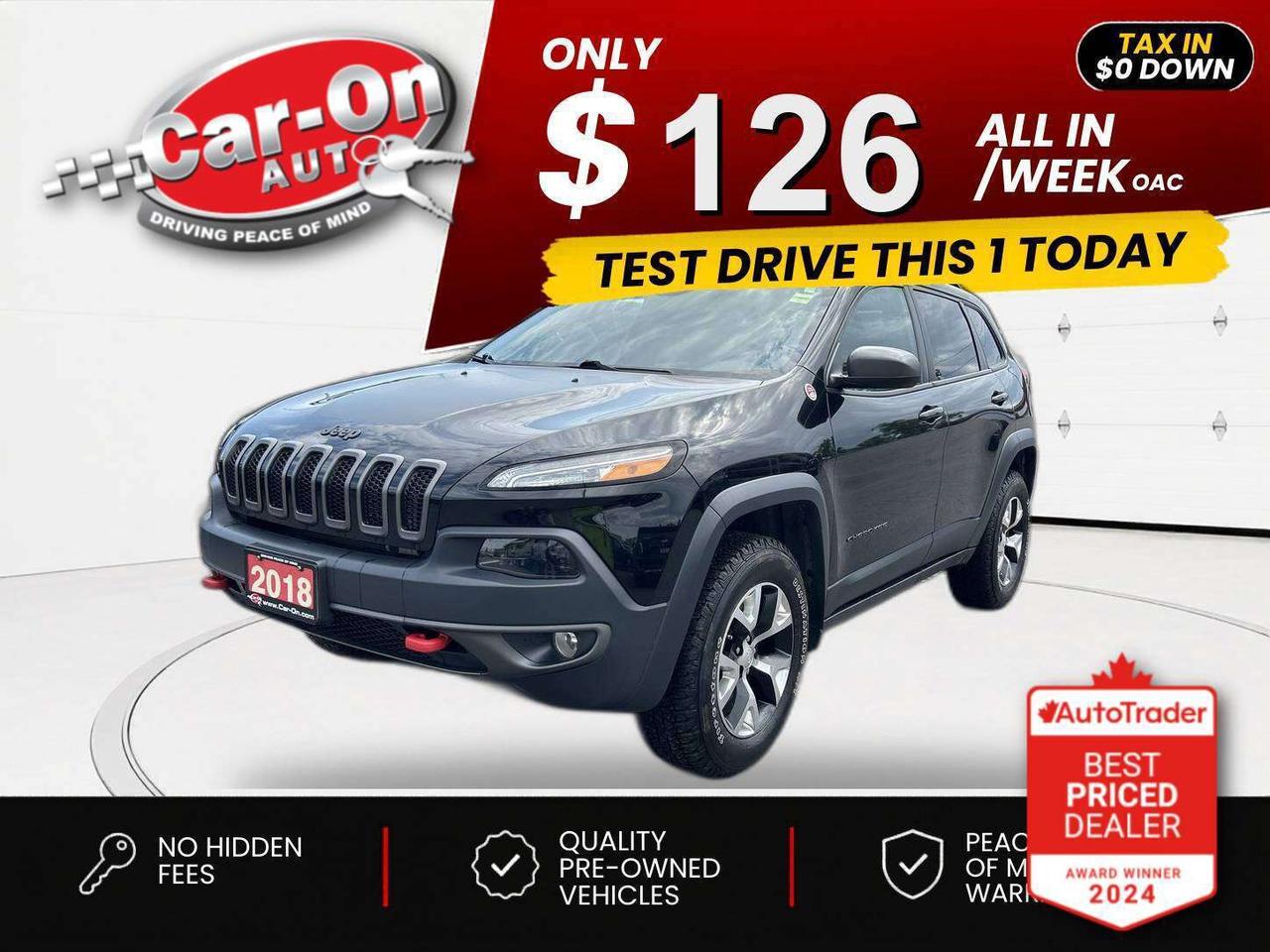$0 DOWN $126/WEEK ALL IN INCLUDING ONTARIO TAXES O.A.C* ONLY 43,000KMS!! Trailhawk 4X4 w/ Nappa leather, heated seats & steering, remote start, 17-inch alloys, backup camera, air conditioning, keyless entry, power locks, power mirrors, power windows, automatic headlights, cruise control, Bluetooth and more!!This vehicle just landed and is awaiting a full detail and photo shoot. Contact us and book your viewing today!