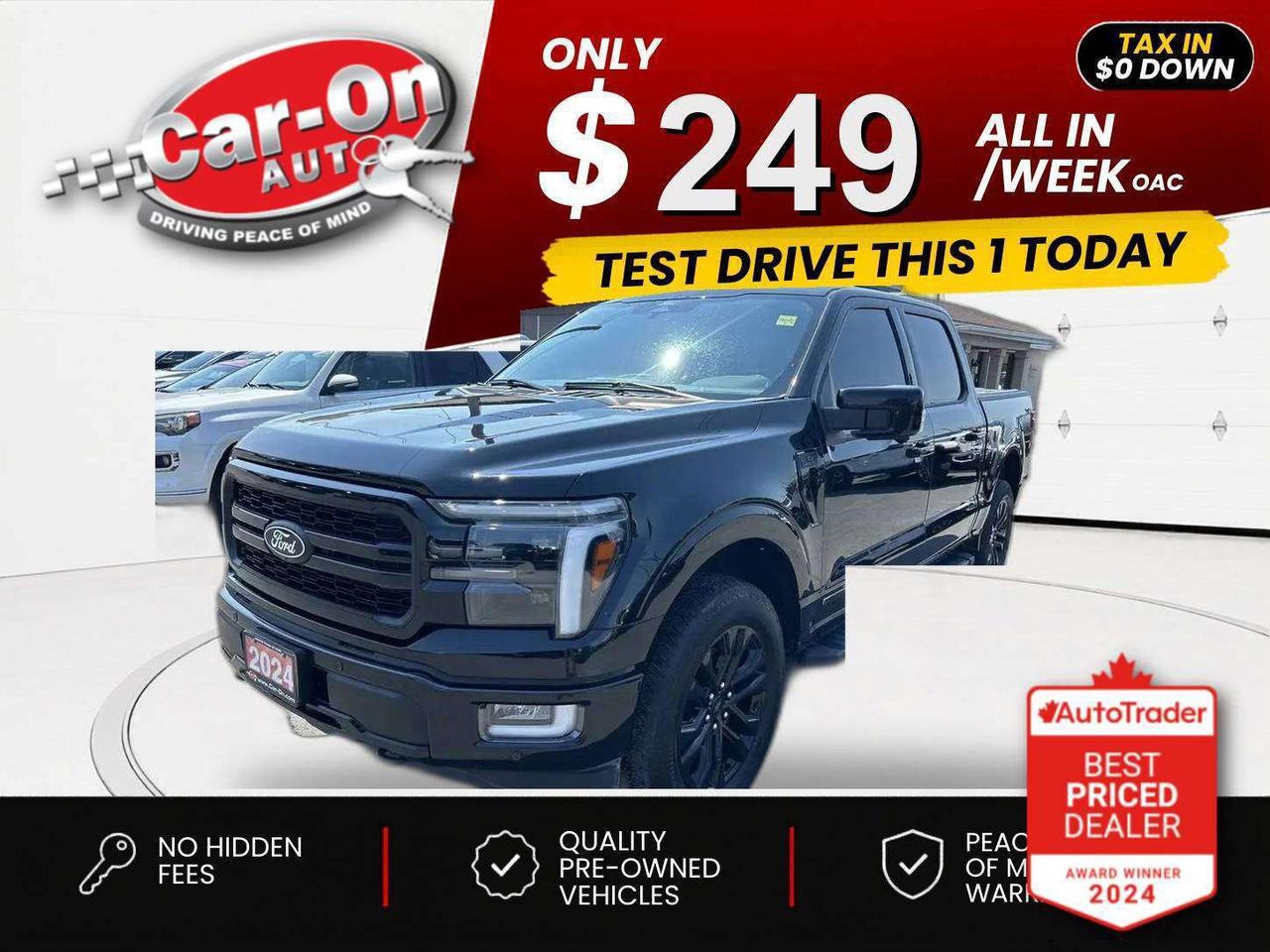 $0 DOWN $249/WEEK ALL IN INCLUDING ONTARIO TAXES O.A.C* LARIAT CREW CAB 4X4 W/ BLACK APPERANCE PACKAGE & 3.5L POWERBOOST HYBRID ENGINE!! Leather, panoramic sunroof, heated/cooled seats, heated steering, 2.4kw Pro Power Onboard, 360 camera w/ front & rear park sensors, premium 20-inch black alloys, 12-inch touchscreen w/ Android Auto/ Apple CarPlay, remote start, navigation, folding hard top tonneau cover, 5-foot 5-inch box w/ bedliner, running boards, premium Bang & Olufsen audio system, adaptive cruise control, blind spot monitor, rear cross-traffic alert, pre-collision system, lane departure warning, dual-zone climate control, keyless entry w/ push start, full power group incl. power driver & passenger seats w/ driver memory, automatic headlights w/ auto highbeams, Bluetooth and more!!*This car was used as a previous daily rental*This vehicle just landed and is awaiting a full detail and photo shoot. Contact us and book your viewing today!