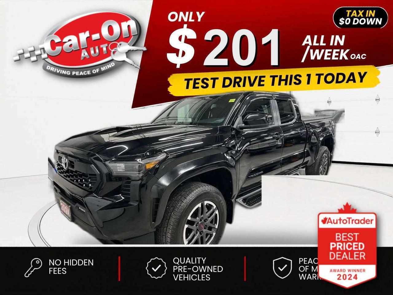 $0 DOWN $201/WEEK ALL IN INCLUDING ONTARIO TAXES O.A.C* ONLY 16,000KMS!! TRD Sport 4X4 Double cab w/ Heated seats, Android Auto/ Apple CarPlay, 18-inch alloys, adaptive cruise control, blind spot monitor, rear cross-traffic alert, pre-collision system, lane departure warning, backup camera, tow package, hard folding tonneau cover, 6-foot box w/ bedliner, crawl control, automatic climate control, keyless entry w/ push start, power locks, power mirrors, power windows, automatic headlights w/ auto highbeams, Bluetooth and Sirius XM!!