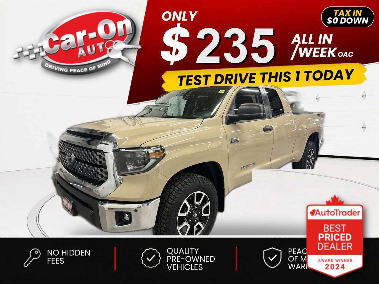 $0 DOWN $235/WEEK ALL IN INCLUDING ONTARIO TAXES O.A.C* TRD OFF ROAD 4X4 W/ 5.7L V8!! Heated seats, 18-inch alloys, adaptive cruise control, pre-collision system, lane departure warning, backup camera w/ front & rear park sensors, tow package w/ integrated trailer brake controller, 6-foot 6-inch box w/ bedliner, air conditioning, keyless entry, power locks, power mirrors, power windows, automatic headlights w/ auto highbeams, garage door opener, auto-dimming rear view mirror, Bluetooth and Sirius XM!!