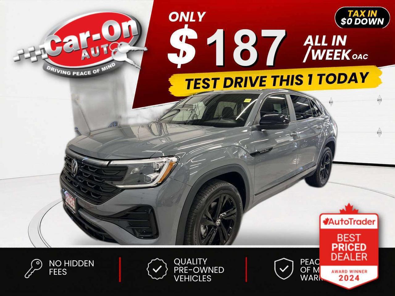 $0 DOWN $187/WEEK ALL IN INCLUDING ONTARIO TAXES O.A.C* ONLY 16,000KMS!! R-Line Black Edition All-Wheel Drive w/ Leather, panoramic sunroof, heated/cooled seats, heated steering, Android Auto/ Apple CarPlay, premium 20-inch black alloys, remote start, tow package, wireless charger, digital cockpit, rear sunshades, adaptive cruise control, blind spot monitor, rear cross-traffic alert, pre-collision system, lane departure warning, backup camera, dual-zone climate control, keyless entry w/ push start, rain-sensing wipers, power liftgate, full power group incl. power seat, automatic headlights w/ auto highbeams, Bluetooth and Sirius XM!!