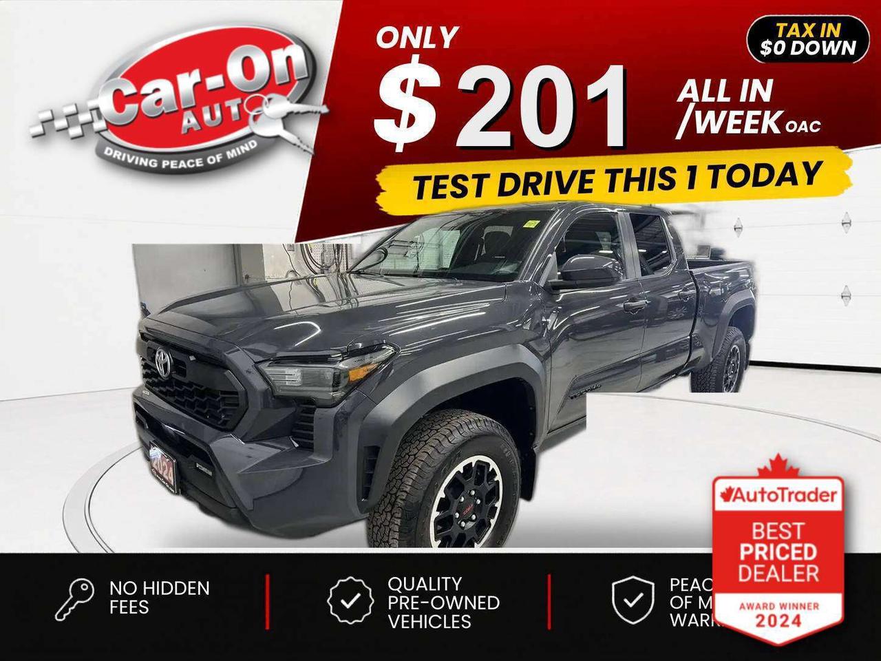 $0 DOWN $201/WEEK ALL IN INCLUDING ONTARIO TAXES O.A.C* TRD Off-Road 4X4 Double Cab w/ Heated seats, Android Auto/ Apple CarPlay, 17-inch alloys, adaptive cruise control, blind spot monitor, rear cross-traffic alert, pre-collision system, lane departure warning, backup camera, 6-foot box w/ bedliner, bed lights, tow package, crawl control, automatic climate control, keyless entry w/ push start, power locks, power mirrors, power windows, automatic headlights w/ auto highbeams, Bluetooth and Sirius XM!!!!*This car was used as a previous daily rental*