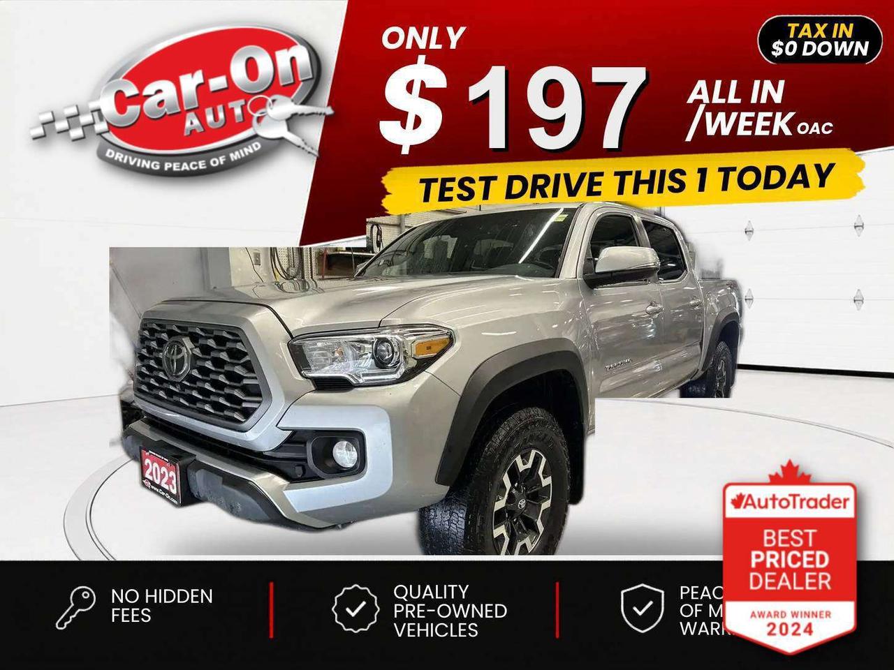 $0 DOWN $197/WEEK ALL IN INCLUDING ONTARIO TAXES O.A.C* TRD Off-Road Premium Double Cab 4X4 w/ Leather, sunroof, heated seats Android Auto/ Apple CarPlay, navigation, 16-inch alloys, wireless charger, tow package, 5-foot box w/ bedliner, Bilstein shocks, adaptive cruise control, blind spot monitor, rear cross-traffic alert, pre-collision system, lane departure warning, dual-zone climate control, keyless entry w/ push start, full power group incl. power seat, automatic headlights w/ auto highbeams, Bluetooth and more!!This vehicle just landed and is awaiting a full detail and photo shoot. Contact us and book your viewing today!