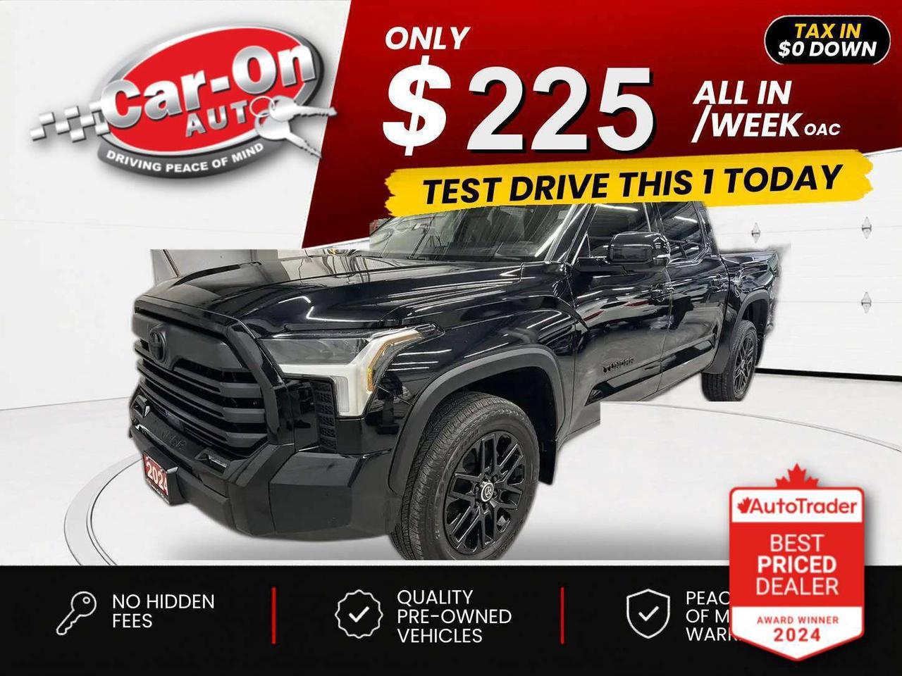 $0 DOWN $225/WEEK ALL IN INCLUDING ONTARIO TAXES O.A.C* LIMITED CREW CAB 4X4 W/ NIGHTSHADE PACKAGE!!! Leather, panoramic sunroof, heated/cooled seats, premium 20-inch black alloys, 14-inch touchscreen w/ Android Auto/ Apple CarPlay, adaptive cruise control, blind spot monitor, rear cross-traffic alert, pre-collision system, lane departure warning, backup camera w/ front & rear park sensors, wireless charger, tow package w/ integrated trailer brake controller, 5-foot 6-inch box w/ bedliner, bed lights, dual-zone climate control, keyless entry w/ push start, full power group incl. power driver & passenger seats w/ driver memory, automatic headlights w/ auto highbeams, Bluetooth and Sirius XM!!