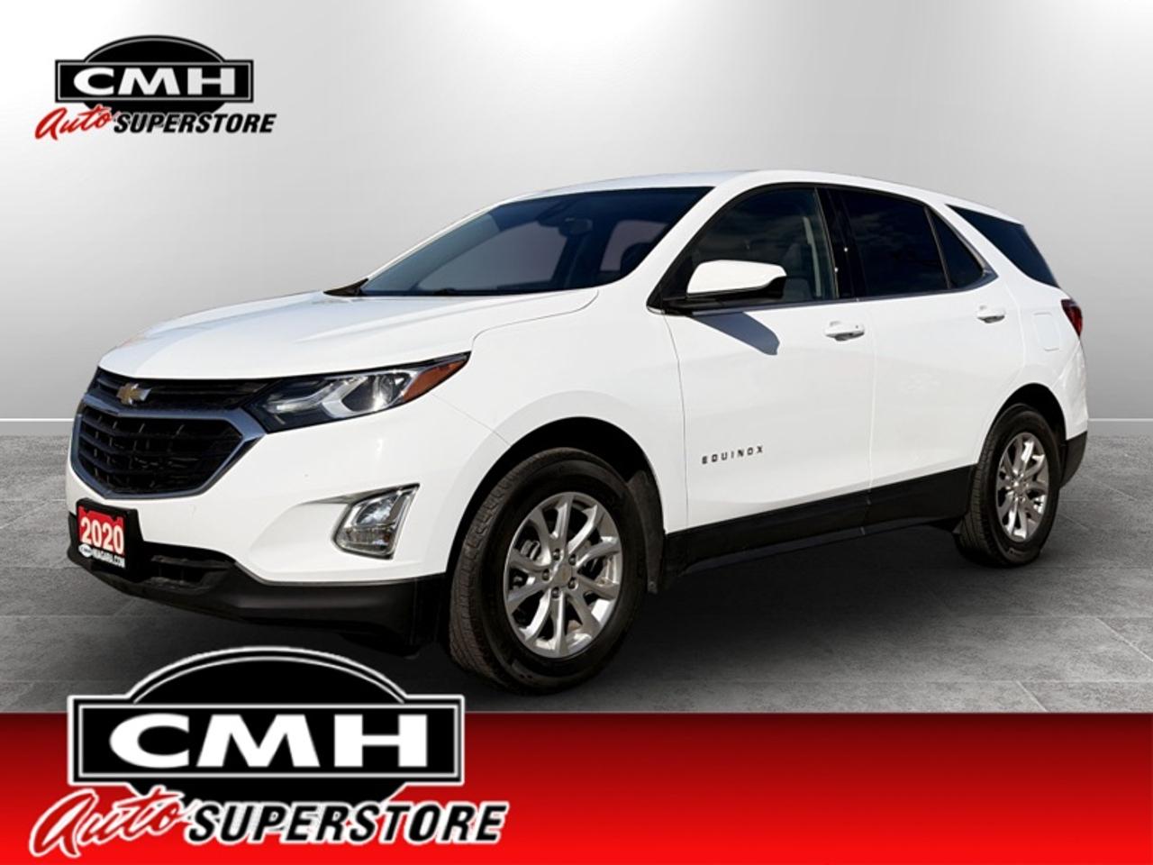 <b>Aluminum Wheels, Apple CarPlay, Android Auto, Remote Start, Heated Seats, Power Seat, Rear View Camera, Lane Departure Warning, Forward Collision Alert, Automatic Braking, Streaming Audio, 4G WiFi, Cruise Control, Teen Driver Technology, Push Button Start</b><br> <br> <br>CMH certifies that all vehicles meet DOUBLE the Ministry standards for Brakes and Tires. The advertised price is the promotional financing price. For all other methods of payment, the selling price is $500 higher.<br><br> <br>This 2020 Chevrolet Equinox is for sale today.<br> <br>When Chevrolet designed the Equinox, they got every detail just right. Its the perfect size, roomy without being too big. This compact SUV pairs eye-catching style with a spacious and versatile cabin thats been thoughtfully designed to put you at the centre of attention. This mid size crossover also comes packed with desirable technology and safety features. For a mid sized SUV, its hard to beat this Chevrolet Equinox.<br> <br>This SUV has 96,691 km. Its Summit White in colour. It has an Automatic transmission and is powered by a 170HP 1.5L 4 Cylinder Engine. <br> <br> Our Equinoxs trim level is LT. Upgrading to this Equinox LT is a great choice as it comes loaded with aluminum wheels, HID headlights, a 7 inch touchscreen display with Apple CarPlay and Android Auto, active aero shutters for better fuel economy, an 8-way power driver seat and power heated outside mirrors. It also has a remote engine start, heated front seats, a rear view camera, 4G WiFi capability, steering wheel with audio and cruise controls, lane keep assist and lane departure warning, forward collision alert, forward automatic emergency braking and pedestrian detection. Additional features include Teen Driver technology, Bluetooth streaming audio, StabiliTrak electronic stability control and a split folding rear seat to make loading and unloading large objects a breeze!<br> <br>To apply right now for financing use this link: <a href=https://www.cmhniagara.com/financing/ target=_blank>https://www.cmhniagara.com/financing/</a><br> <br/><br>**PLEASE NOTE:** The functionality and condition of any accessories and aftermarket parts are not guaranteed by CMH Auto Superstore. Examples of such items include, but are not limited to: tonneau covers, radios, cameras, remote starts, vent visors, roof racks, winches, light bars, headlights/tail lights, center caps, running boards, etc. If an aftermarket part is safety-related and found to be defective, it will be replaced by a factory option.<br><b>**CMH Auto Superstore reserves the right to choose to repair, modify, or replace all aftermarket parts (example  headlights) or accessories at its sole discretion.**</b><br><br>Trade-ins are welcome! Financing available OAC ! Price INCLUDES a valid safety certificate! Price INCLUDES a 60-day limited warranty on all vehicles except classic or vintage cars. CMH is a Full Disclosure dealer with no hidden fees. We are a family-owned and operated business for over 30 years! o~o