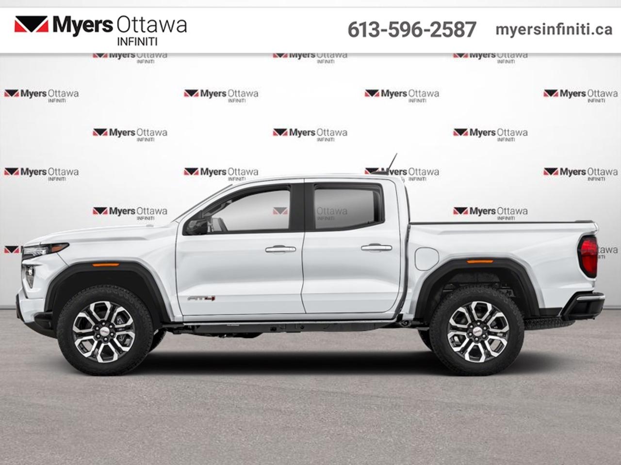 <b>Low Mileage, Remote Start,  Heated Seats,  Climate Control,  Off-Road Suspension,  Apple CarPlay!</b><br> <br>  Compare at $53555 - Our Price is just $51995! <br> <br>This iconic midsize truck offers exceptional versatility and robust build quality. This 2024 GMC Canyon is fresh on our lot in Ottawa.<br> <br>Aimed at shoppers who desire the capability of a traditional pickup without the compromise of a full-size truck, this 2024 GMC Canyon is ready to take on whatever you throw at it. From work-site duties to intense off-road sessions, this Canyon is sure to never skip a beat!<br> <br>This low mileage crew cab 4X4 pickup has just 44,418 km. Its Summit White in colour and is major accident free based on the <a href=https://vhr.carfax.ca/?id=p2GMtwqgb3iVg/Q5mTmO+VgCIPtMD6tq target=_blank>CARFAX Report</a>. It has an Automatic transmission and is powered by a 310HP 2.7L 4 Cylinder Engine. <br> <br> Our Canyons trim level is AT4. This Canyon AT4 steps things up with hill descent control, an auto locking rear differential, upgraded aluminum wheels, front LED fog lamps, factory-lifted suspension, front recovery hooks and off-road performance display, along with great standard features such as an EZ-Lift and Lower tailgate, heated front seats with power driver lumbar control, remote engine start, dual-zone climate control, a vivid 11.3-inch diagonal infotainment screen with Apple CarPlay and Android Auto, and a 6-speaker audio system. Safety features include automatic emergency braking, front pedestrian braking, lane keeping assist with lane departure warning, Teen Driver, and forward collision alert with IntelliBeam high beam assist. This vehicle has been upgraded with the following features: Remote Start, Heated Seats, Climate Control, Off-Road Suspension, Apple CarPlay, Android Auto, Remote Keyless Entry.<br> <br>To apply right now for financing use this link: <a href=https://www.myersinfiniti.ca/finance/ target=_blank>https://www.myersinfiniti.ca/finance/</a><br> <br/>Buy this vehicle now for the lowest bi-weekly payment of <b>$435.52</b> with $0 down for 84 months @ 8.99% APR O.A.C. ( taxes included, and licensing fees ). See dealer for details. <br><br>*LIFETIME ENGINE TRANSMISSION WARRANTY NOT AVAILABLE ON VEHICLES WITH KMS EXCEEDING 140,000KM, VEHICLES 8 YEARS & OLDER, OR HIGHLINE BRAND VEHICLE(eg. BMW, INFINITI. CADILLAC, LEXUS...)<br> Come by and check out our fleet of 40+ used cars and trucks and 60+ new cars and trucks for sale in Ottawa.  o~o