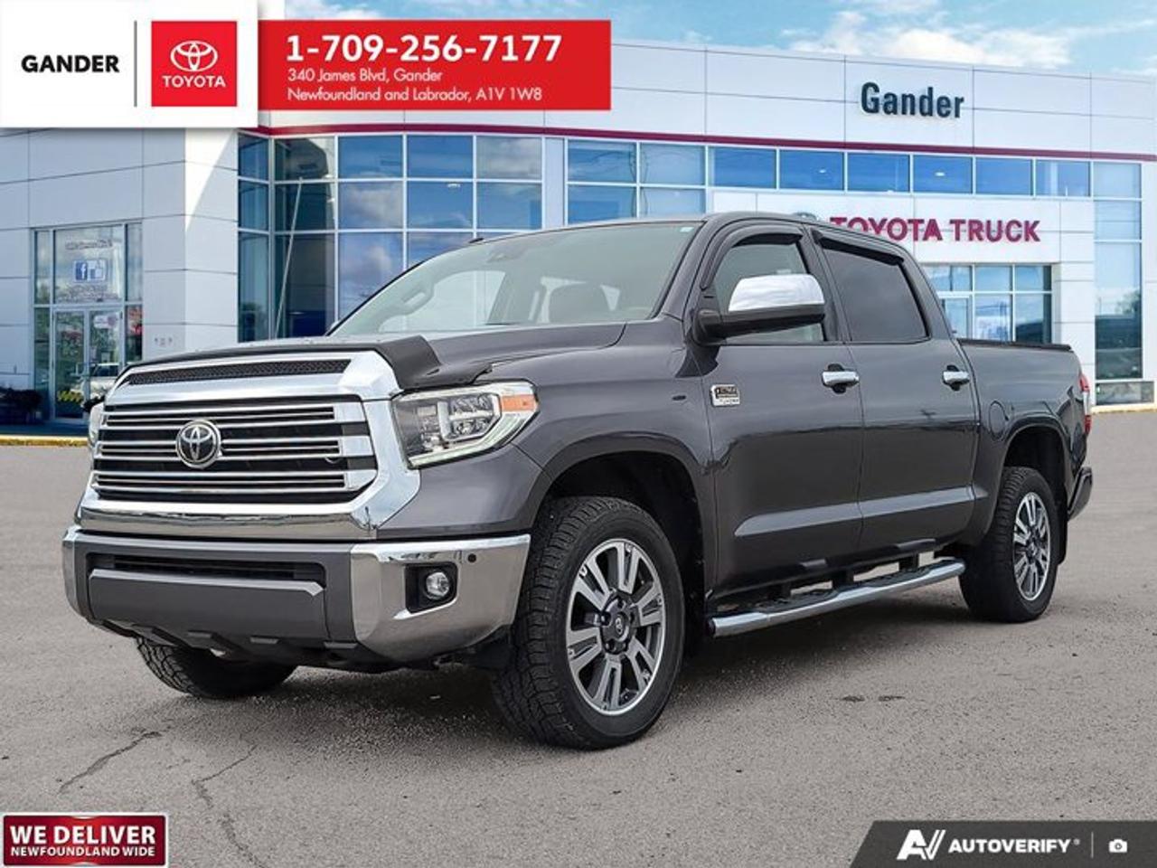 Steele Certified | 2019 Toyota Tundra 1794 Edition 4x4 CrewMaxLooking for full-size V8 power blended with high-end Western luxury? Named in honor of the historic Texas ranch where Toyota builds the Tundra, this Steele Certified 2019 Toyota Tundra 1794 Edition combines top-tier luxury, massive 4x4 towing capability, and legendary Toyota reliability all with complete peace of mind!Why Choose This 1794 Edition Tundra?Steele Certified Guarantee: Fully reconditioned with a multi-point safety inspection, fresh oil change, completed fluid top-ups, full brake and tire check, verified recall checks, and a complimentary Carfax Vehicle History Report.Exclusive Western Luxury: Features a unique Saddle Brown premium leather interior with suede accents, wood-grain interior trim, chrome billet-style front grille, and 1794 Edition badging.Massive CrewMax Space & Comfort: Enjoy incredible rear-seat legroom, heated and ventilated (cooled) front bucket seats, power driver seat with memory settings, a power moonroof, and power-sliding rear window.381 HP 5.7L i-FORCE V8 Power: Mated to a heavy-duty Tow Package, heavy-duty hitch receiver, integrated trailer brake controller, and 4x4 drive system ready for heavy towing and NL winters.Premium Tech & Audio: Equipped with a 12-speaker JBL® Premium Audio System, touchscreen display with integrated navigation, backup camera, blind-spot monitoring, and rear cross-traffic alert.Toyota Safety Sense P Standard: Includes Pre-Collision System with Pedestrian Detection, Dynamic Radar Cruise Control, and Lane Departure Alert.All Credit Applications Accepted! Establish or rebuild your credit with ease apply directly online at Steele Advantage Financing.Visit us today at Gander Toyota for a test drive, or contact our sales team to confirm option details and availability!