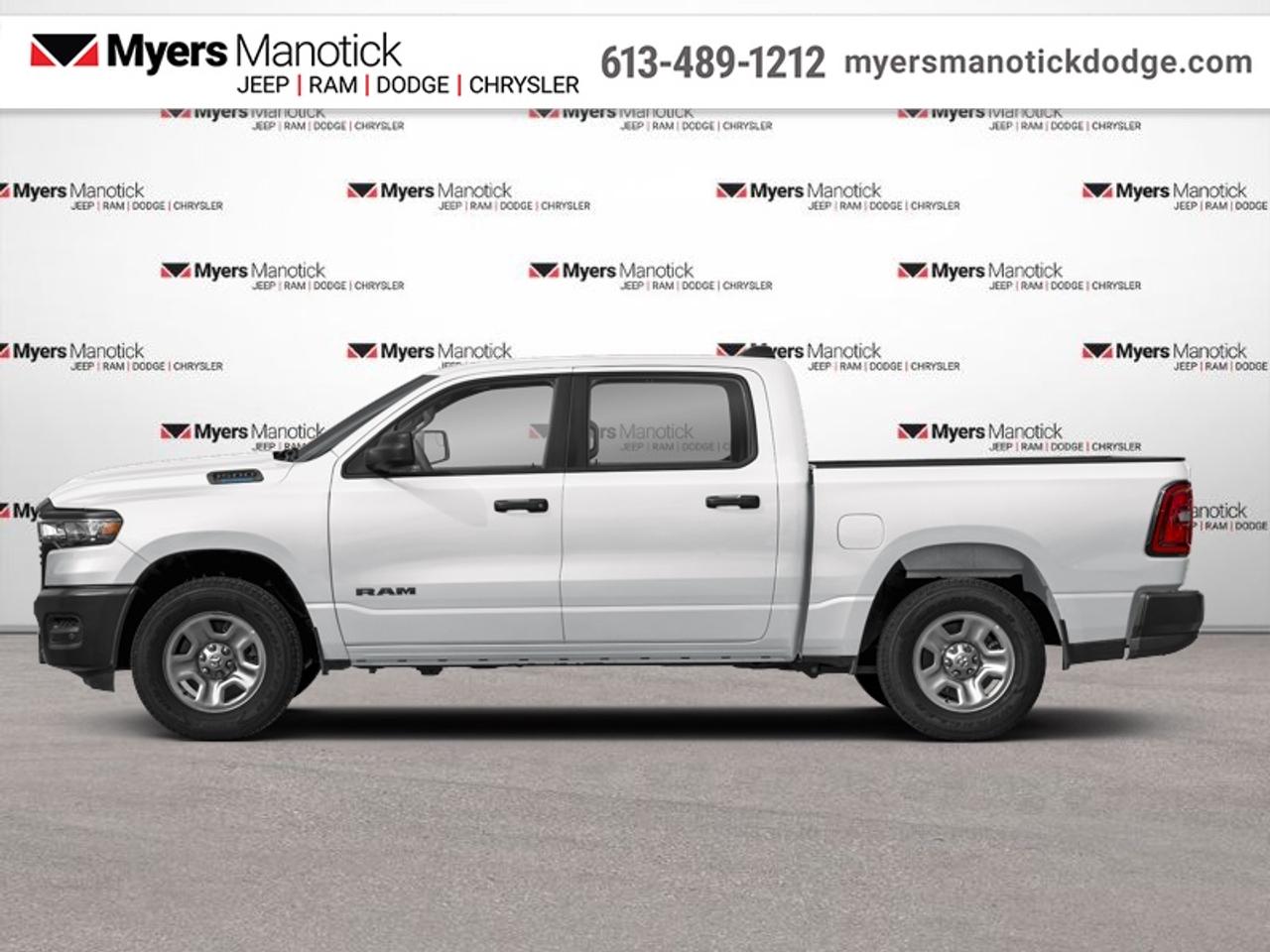 <b>Adaptive Cruise Control,  Remote Start,  Blind Spot Detection,  Lane Keep Assist,  Lane Departure Warning!</b><br> <br> Call 613-489-1212 to speak to our friendly sales staff today, or come by the dealership!<br> <br>Experience the perfect balance of power and luxury in the 2026 Ram 1500, built to handle every job with style.<br> <br>The Ram 1500s unmatched luxury transcends traditional pickups without compromising its capability. Loaded with best-in-class features, its easy to see why the Ram 1500 is so popular. With the most towing and hauling capability in a Ram 1500, as well as improved efficiency and exceptional capability, this truck has the grit to take on any task.<br> <br>This Bright White Crew Cab 4X4 pickup has an Automatic transmission and is powered by a 420HP 3.0L Straight 6 Cylinder Engine. <br> <br> Our 1500s trim level is Express. This capable pickup blends strength, utility, and modern convenience for drivers who demand more from their truck. Its bold exterior design features smart functional details like heated mirrors, deep-tinted glass, and a durable cargo bed with easy tailgate access. Inside, the cabin delivers comfort and practicality with spacious seating, smart storage, and intuitive technology including an 8.4-inch Uconnect touchscreen, smartphone integration, and a Wi-Fi hotspot. Convenience features like remote start, adaptive cruise control, and keyless entry make every drive easier, while advanced safety systems such as Blind Spot Detection, Forward Collision Warning, Active Lane Management, and ParkSense parking sensors provide peace of mind on every journey. This vehicle has been upgraded with the following features: Adaptive Cruise Control, Remote Start, Blind Spot Detection, Lane Keep Assist, Lane Departure Warning, Heated Mirrors.<br><br> View the original window sticker for this vehicle with this url <b><a href=http://www.chrysler.com/hostd/windowsticker/getWindowStickerPdf.do?vin=3C6SRFGP8T4207328 target=_blank>http://www.chrysler.com/hostd/windowsticker/getWindowStickerPdf.do?vin=3C6SRFGP8T4207328</a></b>.<br> <br>To apply right now for financing use this link: <a href=https://CreditOnline.dealertrack.ca/Web/Default.aspx?Token=3206df1a-492e-4453-9f18-918b5245c510&Lang=en target=_blank>https://CreditOnline.dealertrack.ca/Web/Default.aspx?Token=3206df1a-492e-4453-9f18-918b5245c510&Lang=en</a><br> <br/>Total rebate of $6500 is reflected in the price. <br> Buy this vehicle now for the lowest weekly payment of <b>$201.70</b> with $0 down for 96 months @ 5.29% APR O.A.C. ( Plus applicable taxes - $1199 fees included in price **Rebates may not be applicable on all purchase types [cash, lease, or finance]. Eligibility and conditions may vary. Please see dealer for full details and confirmation of eligibility. ). Incentives expire 2026-08-31. See dealer for details. <br><br>If youre looking for a Dodge, Ram, Jeep, and Chrysler dealership in Ottawa that always goes above and beyond for you, visit Myers Manotick Dodge today! Were more than just great cars. We provide the kind of world-class Dodge service experience near Kanata that will make you a Myers customer for life. And with fabulous perks like extended service hours, our 30-day tire price guarantee, the Myers No Charge Engine/Transmission for Life program, and complimentary shuttle service, its no wonder were a top choice for drivers everywhere. Get more with Myers!<br> Come by and check out our fleet of 20+ used cars and trucks and 40+ new cars and trucks for sale in Manotick.  o~o