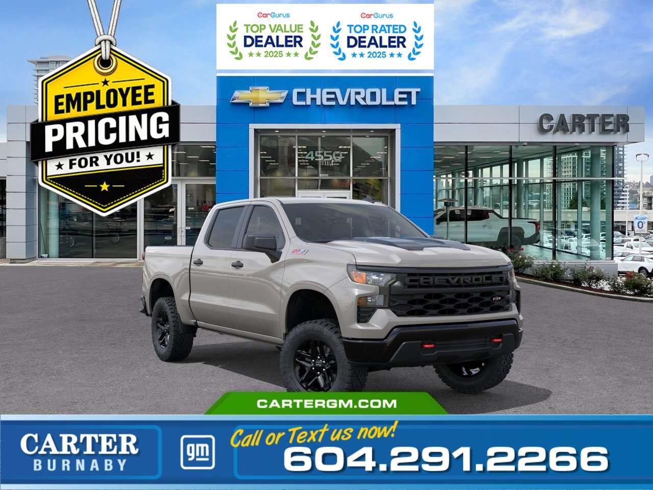 GREAT NEWS! THE EMPLOYEE PRICING EVENT IS BACK! Take advantage of exclusive Employee Pricing on eligible new vehicles and enjoy exceptional value for a limited time. This is your opportunity to save on the vehicle youve been waiting for while inventory lasts. Contact us today to confirm your eligibility and discover the available offers on your preferred model.  Built for bold capability, the 2026 Chevrolet Silverado 1500 Custom Trail Boss 4WD pairs rugged style with confident performance. Its 2.7L TurboMax engine delivers impressive power, while the Z71 Off-Road Suspension with a 2" factory lift and Hill Descent Control is ready for tough terrain. Trailering is made easy with a trailer brake controller, Hitch Guidance, and HD Rear Vision Camera. Inside, enjoy a 10-way power driver seat and heated power mirrors for everyday comfort.  Come take it for a test drive today and experience all this stylish vehicle has to offer!  WHY CARTER GM BURNABY?  - An unrivalled vehicle purchasing experience! - Exceeding our loyal customers expectations since 1963 - 4.5 Google star rating with 2,300+ customer reviews) - CarGurus Top-Rated Dealer 2025 Award - CarGurus Top Value Dealer 2025 Award - Vehicle trades welcome! Best price guaranteed! - We provide upfront pricing, zero hidden fees, and 100% transparency - Fast approvals and 99% acceptance rates (no matter your current credit status!) - Multilingual staff (many languages spoken) - Comfortable non-pressured environment with in-store television, WIFI and a childrens play area! - In-store restaurant: fresh daily menu        Were here to help you drive the vehicle you want, the vehicle you deserve! QUESTIONS? GREAT! WEVE GOT ANSWERS! To speak with a friendly vehicle specialist - CALL NOW! The advertised price includes all standard dealer fees and any applicable manufacturer or dealer incentives. It does not include applicable taxes, licensing, insurance, or optional products or services. Dealer fees will be clearly broken out and itemized on the bill of sale, maximum total of fees $699.00. Prices are shown in Canadian dollars. While we make every effort to ensure accuracy, vehicle details, pricing, options, and availability are subject to change without notice. Please confirm all information with dealership sales management before purchase. Dealer Code: 81129