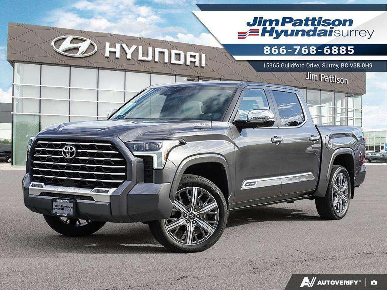 LOW KM!! ONE OWNER!! BC VEHICLE!! 2025 Toyota Tundra i-FORCE MAX Capstone  a full-size hybrid pickup that combines extraordinary power, luxury and advanced technology with the capability Canadian drivers demand. Key Highlights 3.4L Twin-Turbo V6 i-FORCE MAX Hybrid 437 hp / 583 lb-ft of torque 10-speed automatic transmission 4x4 Up to 11,171 lb towing capacity 22-inch alloy wheels Semi-aniline leather-trimmed seats Heated & ventilated front and rear seats 14-inch Toyota Multimedia touchscreen Wireless Apple CarPlay & Android Auto Head-Up Display Digital rearview mirror Panoramic View Monitor Power running boards and bed step Toyota Safety Sense 2.5 The i-FORCE MAX powertrain combines a twin-turbo 3.4L V6 with an electric motor-generator to deliver 437 horsepower and 583 lb-ft of torque. With up to 11,171 lb of towing capacity when properly equipped, the Tundra Capstone is ready for trailers, boats, equipment and weekend toys. The Capstone elevates the Tundra experience with semi-aniline leather seating, wood interior accents, acoustic glass, premium finishes and a backlit CAPSTONE dashboard badge. Heated and ventilated front and rear seats help keep passengers comfortable through Canadas changing seasons. Stay connected with a 14-inch Toyota Multimedia touchscreen, wireless Apple CarPlay and Android Auto, while the Head-Up Display and digital rearview mirror put important information right where you need it. The Panoramic View Monitor and Trailer Backup Guide with Straight Path Assist make maneuvering and towing easier. With 4x4 capability, a full-size CrewMax cabin, 5.5-foot cargo bed, power running boards and advanced driver-assistance technology, the Tundra Capstone is equally at home on the jobsite, highway or campsite. The 2025 Toyota Tundra i-FORCE MAX Capstone brings together hybrid performance, serious towing capability, premium luxury and advanced technology in one commanding full-size pickup. We always include a 30-day powertrain guarantee, 14-day exchange privilege and a CarFax vehicle history report with all of our pre-owned vehicles. Call 1-866-768-6885! Do you prefer text contact? You can TEXT our sales team directly @ 778-770-1084.All of our pre-owned vehicles come with our OWNER PROTECTION PLAN for your peace of mind! This will include a 30 day power train guarantee, Car Proof vehicle history report, Detailed cosmetic reconditioning, comprehensive mechanical and safety inspection, 14 day owner exchange program (subject to terms and conditions, see dealership for details) AND a lien free guarantee. http://www.jpautogroup.com/owner-protection-plan.htmAll of our pre-owned vehicles come with our OWNER PROTECTION PLAN for your peace of mind! This will include a 30 day power train guarantee, Car Proof vehicle history report, Detailed cosmetic reconditioning, comprehensive mechanical and safety inspection, 14 day owner exchange program (subject to terms and conditions, see dealership for details) AND a lien free guarantee. http://www.jpautogroup.com/owner-protection-plan.htm    You will also receive lube, oil and filter service for ONLY $9.95 within 6 months of purchase or 6000 KM PLUS complimentary Oil and Filter service and a Comprehensive Inspection after 12 months or 20,000 KM following purchase.All of our pre-owned vehicles come with our OWNER PROTECTION PLAN for your peace of mind! This will include a 30 day power train guarantee, Car Proof vehicle history report, Detailed cosmetic reconditioning, comprehensive mechanical and safety inspection, 14 day owner exchange program (subject to terms and conditions, see dealership for details) AND a lien free guarantee. http://www.jpautogroup.com/owner-protection-plan.htm 
 
You will also receive lube, oil and filter service for ONLY $9.95 within 6 months of purchase or 6000 KM PLUS complimentary Oil and Filter service and a Comprehensive Inspection after 12 months or 20,000 KM following purchase. 
 
Purchasing a Pre-Owned vehicle has never been better CALL TODAY! Jim Pattison Hyundai Surrey 1-866-768-6885 
 
  
 
FINANCING AVAILABLE 
 
***GOOD CREDIT BAD CREDIT ALL WELCOME*** ALL VEHICLES SAFETY CHECKED. CALL JIM PATTISON HYUNDAI

Price includes dealer administration fee ($595) and VSA transaction levy ($10). Finance placement fee ($595) if applicable, GST and PST are additional. D#10977