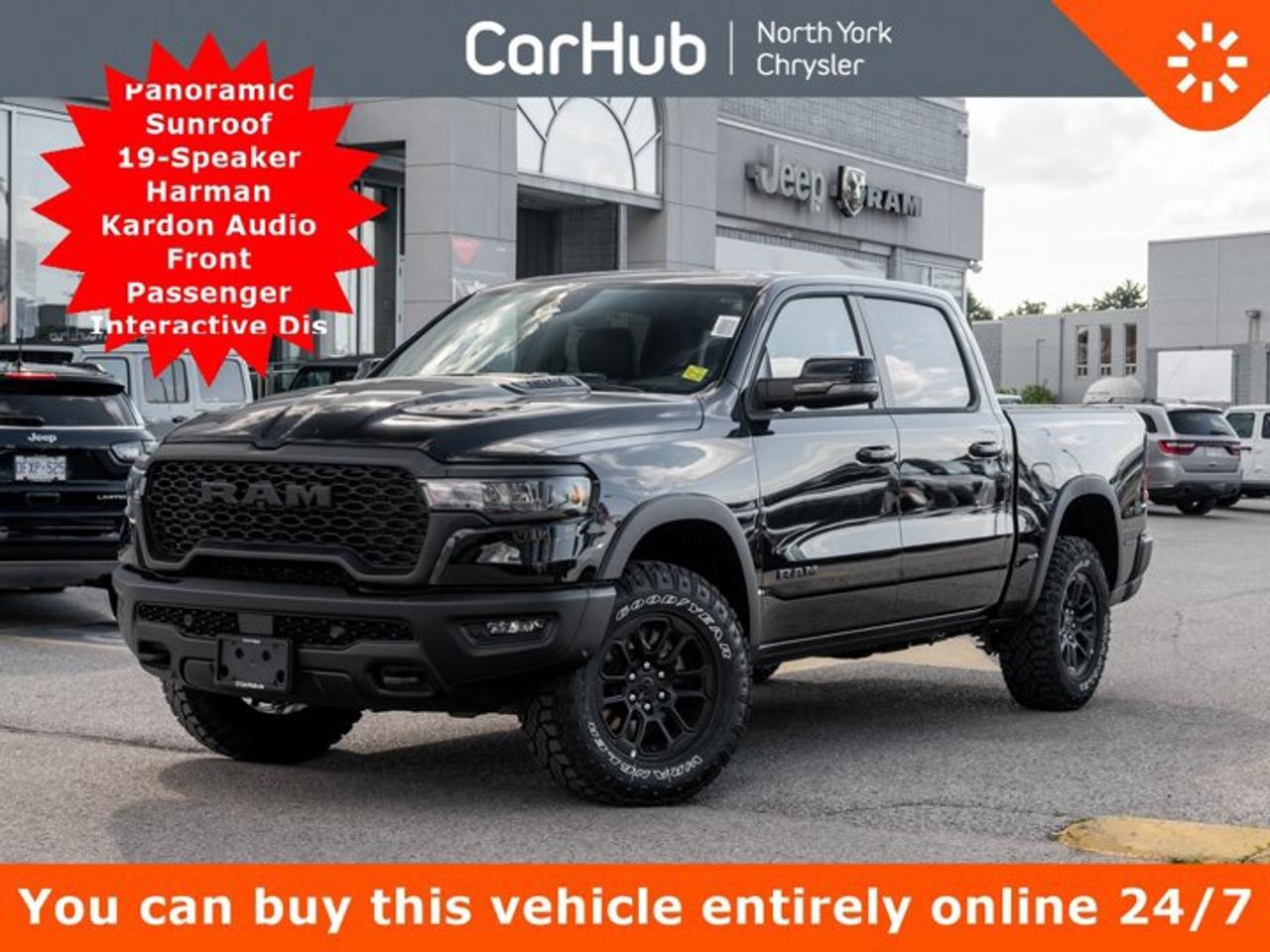 <p> This Ram 1500 boasts a Twin Turbo Regular Gasoline I-6 3.0 L/183 engine powering this Automatic transmission. TRANSMISSION: 8-SPEED AUTOMATIC  (STD), STEEL SPORT HOOD, REBEL LEVEL 2 EQUIPMENT GROUP  -inc: Power Adjustable Pedals w/Memory, Front Passenger Interactive Display, Power 2-Way Passenger Lumbar Adjust, 115V Rear Auxiliary Power Outlet, Media Hub w/2 USB Charging Ports, Proximity Approach/Departure Lamps, Power 8-Way Adjustable Front Passenger Seat, Security Alarm, Dual Wireless Charging Pad, 19-Speaker harman/kardon Premium Sound, Rear Window Defroster, Rain-Sensing Windshield Wipers, Radio: Uconnect 5 Nav w/14.4 Display, Accent Colour Door Handles, 2nd-Row Heated Seats, Black Painted Exterior Mirror Caps, Off-Road Information Pages, Exterior Mirrors Approach Lamps, Smartphone As A Key, 14.4 Touchscreen Display, Accent-Colour Premium Power Mirrors, Remote Proximity Keyless Entry, Accent Colour Tailgate Handle, Exterior Mirrors w/Memory Settings, Driver Seat w/Memory Setting, Power Tailgate, Radio/Driver Seat/Mirrors/Pedals Memory. <p> This Ram 1500 Features the Following Options <br /> QUICK ORDER PACKAGE 21W REBEL  -inc: Engine: 3.0L I6 Hurricane SO Twin Turbo ESS, Transmission: 8-Speed Automatic , REAR WHEELHOUSE LINERS, RADIO: UCONNECT 5 NAV W/14.4 DISPLAY, MONOTONE PAINT, ENGINE: 3.0L I6 HURRICANE SO TWIN TURBO ESS  (STD), DUAL-PANE PANORAMIC SUNROOF  -inc: LED Dual Dome Reading Lamps, DIAMOND BLACK CRYSTAL PEARLCOAT, DIAMOND BLACK CRYSTAL PEARL, DECAL DELETE, Wheels: 18 x 8 Painted Mid-Gloss Black. </p> <p>Drive Happy with CarHub<br>*** All-inclusive, upfront prices  no haggling, negotiations, pressure, or games*** Purchase or lease a vehicle and receive a $1000 CarHub Rewards card for service. *** All available manufacturer rebates have been applied and included in our new vehicle sale price*** Purchase this vehicle fully online on CarHub websites</p> <p>Transparency Statement<br>USED VEHICLES:Online prices and payments are for finance purchases  please note there is a $850 safety certification fee. if not Certified, then as per OMVIC Regulations the vehicle is deemed to be not drivable and Not Certified. Cash purchases for used vehicles have a $2,350 surcharge which includes the safety certification (the finance price + $2,350).NEW VEHICLES:New financed vehicles are subject to an $ 850 Processing Fee. New cars priced at over $100,000 including add-ons or accessories are subject to the additional federal luxury tax.While every effort is taken to avoid errors, technical or human error can occur, so please confirm vehicle features, options, materials, and other specs with your CarHub representative. This can easily be done by calling us or by visiting us at the dealership. CarHub used vehicles come standard with 1 key. If we receive more than one key from the previous owner, we include them with the vehicle. Additional keys may be purchased at the time of sale. Ask your Product Advisor for more details. Payments are only estimates derived from a standard term/rate on approved credit. Terms, rates and payments may vary. Prices, rates and payments are subject to change without notice. Please see our website for more details.</p>