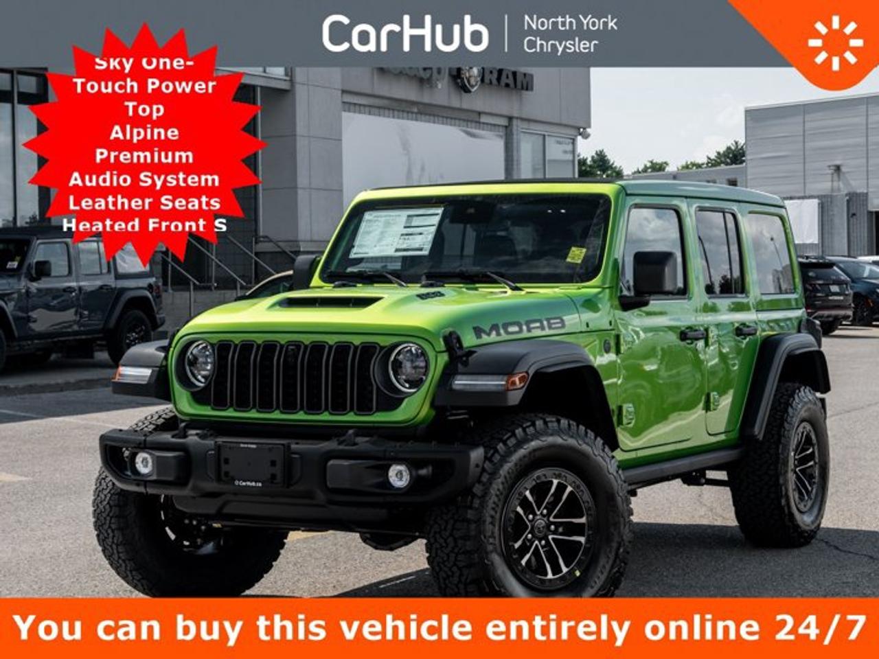 <p>2026 JEEP WRANGLER MOAB 392 4-DOOR 4X4</p><p>Mojito! / Black Nappa Leather | 6.4L HEMI V8 | Sky One-Touch Power Top | Front & Rear Lockers | $3,990 in Premium Factory Options</p><p>Introducing this exceptional 2026 Jeep Wrangler Moab 392 4-Door 4x4, finished in unmistakable Mojito! with a Black Nappa leather interior.</p><p>Powered by the 6.4L SRT HEMI V8 producing 470 horsepower and 470 lb-ft of torque, paired with an 8-speed TorqueFlite automatic transmission and Selec-Trac full-time 4WD, this Wrangler delivers extraordinary V8 performance without sacrificing the authentic open-air capability that defines Jeep.</p><p>This special Moab 392 carries $3,990 in premium paint and open-air factory options and an original total MSRP of $108,980. It combines serious off-road hardware, premium technology and one of the most convenient roof systems available on any Wrangler.</p><p>Factory Upgrades & Added Value:</p><p>Sky One-Touch Power Top --- $3,495 in Added Value</p><p>At the touch of a button, the power-operated fabric roof retracts to transform the cabin into an open-air driving experience. Removable rear quarter windows and the included storage bag add even more flexibility, allowing drivers to enjoy Wrangler freedom without repeatedly removing and storing heavy roof panels.</p><p>Mojito! Exterior Colour --- $495 in Added Value</p><p>Bold, vibrant and instantly recognizable, Mojito! gives the Moab 392 a visual identity as distinctive as its HEMI soundtrack. This premium colour highlights the Wranglers upright proportions and makes an already rare configuration even more memorable.</p><p>Customer Preferred Package 27X --- Serious Off-Road Value</p><p>This factory configuration adds desirable equipment including Black Nappa leather seats, an electronic front-locking differential and an electronic front sway-bar disconnect. Together with the standard rear locker and heavy-duty axles, these features provide genuine mechanical capability rather than cosmetic off-road styling alone.</p><p>Additional Equipment & Customer Value:</p><p>6.4L SRT HEMI V8</p><p>With 470 horsepower and 470 lb-ft of torque, the naturally aspirated HEMI gives this Wrangler immediate throttle response, commanding acceleration and an unmistakable V8 character. FuelSaver MDS can deactivate cylinders when full output is not required, adding efficiency-minded technology to the high-performance powertrain.</p><p>Heavy-Duty 4x4 Hardware</p><p>The Moab 392 is equipped with a Dana M210 wide heavy-duty tube front axle, a Dana M220 wide full-floating rear axle, front and rear electronic lockers, steel skid plates and an electronic sway-bar disconnect. This hardware improves traction, articulation and underbody protection when trails become demanding.</p><p>Selec-Trac Full-Time 4WD & 8-Speed Automatic</p><p>Selec-Trac provides the convenience of full-time four-wheel drive for changing road and weather conditions, while the 8-speed TorqueFlite automatic keeps the HEMI responsive and refined. Selec-Speed Control further helps manage speed during challenging low-speed off-road driving.</p><p>Premium Heated Cabin</p><p>Nappa leather seating, heated front seats, a heated steering wheel, automatic climate control and a power-adjustable drivers seat create a cabin suited to year-round Canadian driving. The four-door layout provides practical rear-seat access and versatile cargo space.</p><p>12.3-Inch Uconnect 5 NAV & Alpine Audio</p><p>The large Uconnect 5 NAV touchscreen brings navigation, Apple CarPlay, Android Auto, SiriusXM 360L and Off-Road Information Pages together in an intuitive display. A nine-speaker Alpine premium audio system with subwoofer provides clear, powerful sound whether the roof is open or closed.</p><p>Driver Assistance & Everyday Confidence</p><p>Adaptive Cruise Control with Stop, Forward Collision Warning Plus with Active Braking, Blind-Spot Monitoring with Rear Cross-Path Detection, Park-Sense Rear Park Assist and the ParkView backup camera add valuable confidence during highway travel and daily manoeuvring.</p><p>V8 PERFORMANCE, OPEN-AIR FREEDOM AND AUTHENTIC TRAIL CAPABILITY</p><p>The 2026 Jeep Wrangler Moab 392 is far more than a conventional Wrangler with a larger engine. It combines a class-exclusive V8, heavy-duty axles, dual electronic lockers and premium comfort in a truly distinctive four-door package.</p><p>With its 470-horsepower HEMI, Sky One-Touch Power Top, Mojito! finish and Nappa leather cabin, JW2448C offers a rare blend of excitement, capability and everyday usability.</p><p>For someone seeking one of the most complete and characterful factory-built Wranglers available, this Moab 392 is an outstanding opportunity.</p><p>Drive Happy with CarHub</p><p>*** All-inclusive, upfront prices --- no haggling, negotiations, pressure, or games. ***</p><p>*** Purchase or lease a vehicle and receive a $1,000 CarHub Rewards Card for service. ***</p><p>*** All available manufacturer rebates have been applied and included in our sale price. ***</p><p>*** Purchase this vehicle fully online on CarHub websites. ***</p><p>Transparency Statement</p><p>USED VEHICLES: Online prices and payments are for finance purchases --- please note there is an $850 safety certification fee. If not Certified, then as per OMVIC Regulations the vehicle is deemed to be not drivable and Not Certified. Cash purchases for used vehicles have a $2,350 surcharge which includes the safety certification (the finance price + $2,350).</p><p>NEW VEHICLES: New financed vehicles are subject to an $850 Processing Fee. New cars priced at over $100,000 including add-ons or accessories are subject to the additional federal luxury tax.</p><p>While every effort is taken to avoid errors, technical or human error can occur, so please confirm vehicle features, options, materials, and other specs with your CarHub representative. This can easily be done by calling us or by visiting us at the dealership.</p><p>CarHub used vehicles come standard with 1 key. If we receive more than one key from the previous owner, we include them with the vehicle. Additional keys may be purchased at the time of sale. Ask your Product Advisor for more details.</p><p>Payments are only estimates derived from a standard term/rate on approved credit. Terms, rates and payments may vary. Prices, rates and payments are subject to change without notice. Please see our website for more details.</p>