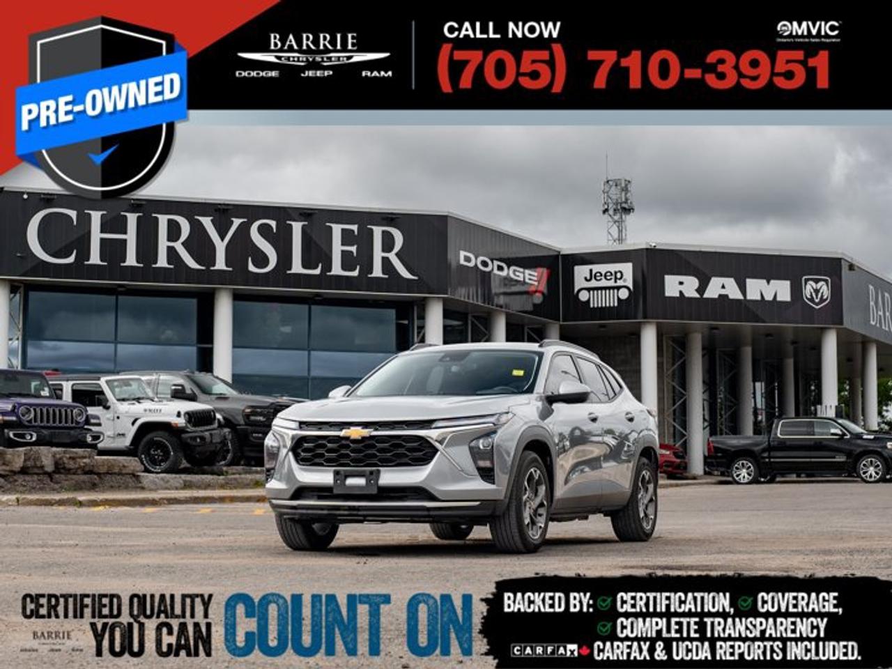 Turbocharged 1.2L 3-Cylinder Engine - Adaptive Cruise Control - Lane Departure Warning - Power Locks - Satellite RadioDiscover the 2025 Chevrolet Trax LT, a previously owned compact SUV thats ready to elevate your driving experience. Available now at Barrie Chrysler Dodge Jeep Ram, this versatile vehicle is perfect for urban adventurers and small families alike. With its sleek design and practical four-door configuration, the Trax LT combines style and functionality seamlessly.Under the hood, the 2025 Trax LT is powered by a turbocharged 1.2-litre 3-cylinder engine paired with an automatic transmission. This efficient powertrain delivers a smooth and responsive drive, making it ideal for both city commutes and weekend getaways. The front-wheel-drive system ensures nimble handling and excellent fuel efficiency, providing confidence on every journey.Step inside the Trax LT and experience a cabin designed for comfort and connectivity. The cloth interior features supportive bucket seats, while climate control and a heated steering wheel enhance your comfort in any weather. Stay connected with the intuitive infotainment system, which includes an AM/FM stereo and satellite radio, all easily controlled via steering wheel audio controls. Keyless entry and power windows add to the convenience of your daily drive.Safety is a priority in the 2025 Chevrolet Trax LT, equipped with advanced driver assistance technologies. Adaptive cruise control and lane departure warning help maintain safe distances and keep you on track. Reverse park assist and parking sensors make maneuvering in tight spaces a breeze, while stability control and traction control ensure a secure ride in varying conditions.Overall, the 2025 Chevrolet Trax LT stands out as a compact SUV that offers a blend of efficiency, comfort, and safety. Its modern design and thoughtful features make it a compelling choice for those seeking a reliable and stylish vehicle.SpecificationsTurbocharged 1.2L 3-Cylinder EngineFront-Wheel DriveAdaptive Cruise ControlLane Departure WarningHeated Steering Wheel