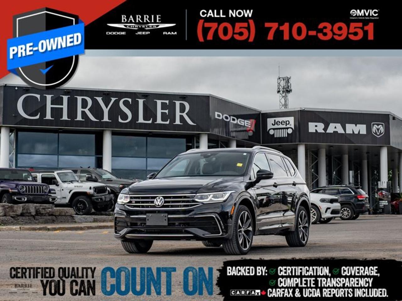 All-Wheel Drive for enhanced traction - Premium Audio with Navigation System - Adaptive Cruise Control for safer driving - Panoramic Sunroof - Trip ComputerDiscover the 2023 Volkswagen Tiguan Highline R-Line, a previously owned SUV that perfectly balances style, performance, and advanced technology. Available now at Barrie Chrysler Dodge Jeep Ram, this versatile four-door vehicle is designed for those who value both comfort and capability. With its sleek design and premium features, the Tiguan Highline R-Line is ideal for families and adventurers alike.Under the hood, the Tiguan is powered by an intercooled turbocharged 2.0L I-4 engine, paired with a smooth automatic transmission. This combination delivers a dynamic driving experience with responsive acceleration and impressive fuel efficiency. The all-wheel-drive system ensures confident handling and stability, making it well-suited for Canadian roads and diverse driving conditions.Step inside the Tiguan and experience a world of comfort and innovation. The leather interior and memory seats provide a luxurious feel, while the panoramic sunroof adds an open-air ambiance. Stay connected and entertained with the premium audio system, satellite radio, and navigation system, all easily controlled via the intuitive steering wheel audio controls. The climate control system and heated steering wheel ensure a comfortable journey, no matter the weather.Safety is a top priority in the Tiguan Highline R-Line, equipped with advanced driver assistance technologies. Features such as adaptive cruise control, lane departure warning, and reverse park assist enhance your driving confidence. The vehicles stability control and traction control systems further ensure a secure ride, while the auto on/off headlamps and rain sensor wipers provide added convenience and visibility.In summary, the 2023 Volkswagen Tiguan Highline R-Line offers a compelling blend of performance, luxury, and safety. Its versatile design and advanced features make it a standout choice for those seeking a reliable and stylish SUV.SpecificationsEngine: Intercooled Turbo 2.0L I-4Drive: All-Wheel DriveInterior: Leather with Memory SeatsTechnology: Premium Audio & NavigationSafety: Adaptive Cruise Control & Lane Departure Warning