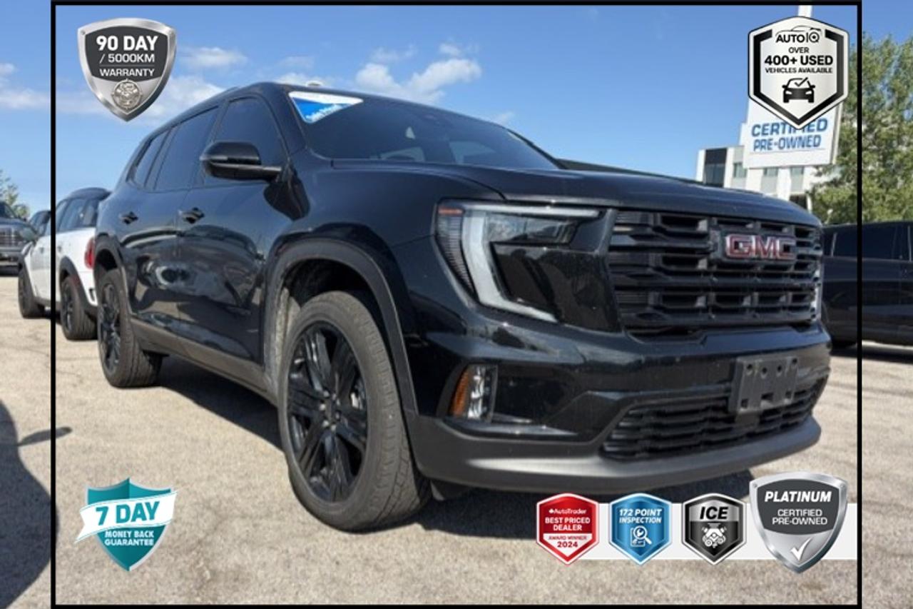 Recent Arrival!<br>CARFAX Canada No Reported Accidents CARFAX Canada One Owner<br>GM CERTIFIED PREOWNED VEHICLE <br>One Owner, | No Accidents, | Apple CarPlay/Android Auto, | Non-Smoker, LOCAL TRADE, NEW TIRES, DETAILED, OIL CHANGE, AWD, After Dark w/CoreTec Seat Trim, 12 Speakers, 18 x 7.5 Aluminum Wheels, 2-Way Driver Power Lumbar Seat Adjuster, 3-Channel Programmable Universal Home Remote, 4-Way Manual Front Passenger Seat Adjuster, 6-Way Power Front Passenger Seat Adjuster, 7-Passenger Seating (2-2-3 Seating Configuration), 8-Passenger Seating, 8-Way Power Driver Seat Adjuster, ABS brakes, Apple CarPlay/Android Auto, Auto High-beam Headlights, Auto-Dimming Inside Rear-View Mirror, Automatic temperature control, Black Edition, Bose Premium 12-Speaker System with Sub-Woofer, Cloth Seat Trim, CoreTec Seat Trim, Dual front impact airbags, Dual front side impact airbags, Elevation Premium Package, Emergency communication system: OnStar Services capable, Front anti-roll bar, Front dual zone A/C, Front fog lights, Front Passenger Power Lumbar Seat Adjuster, Fully automatic headlights, Gloss Black Roof Rails, Heated Driver and Front Passenger Seats, Heated front seats, Heated steering wheel, Laminated Acoustic Glass, Low tire pressure warning, Navigation System, Occupant sensing airbag, Overhead airbag, Panic alarm, Performance Suspension, Power Liftgate, Preferred Equipment Group 4SD, Premium audio system: GMC Infotainment System, Radio: 15 Diagonal Premium GMC Infotainment System, Rear air conditioning, Rear anti-roll bar, Rear side impact airbag, Security system, SiriusXM with 360L Trial Subscription, Speed control, Wheels: 22 x 8.5 Gloss Black Aluminum.<br><br>Ebony Twilight Metallic Elevation<br>BLACK EDITION PKG | AERIAL VIEW CAMERA | POWER LIFTGATE | 22 INCH GLOSS BLACK WHEELS 2025 GMC Acadia  2.5L DOHC<br>8-Speed Automatic<br>AWD<p> </p><p>GM CERTIFIED PRE-OWNED</p><p><strong>Special Financing Available:</strong> Take advantage of exclusive low finance rates OAC*, significantly lower than standard pre-owned rates!</p><p>Backed by GM Certified Pre-Owned standards, which include a thorough inspection and reconditioning process by factory-trained technicians. Plus, this vehicle includes our exclusive <strong>AutoIQ Platinum Standard</strong></p><p><strong>GM Certified Pre-Owned Benefits Include:</strong><br />- 150+ Point inspection by GM factory-trained technicians<br />- 3-month / 5,000-kilometre Limited Warranty*<br />- 24-hour Roadside Assistance<br />- 1-month OnStar Trial<br />- SiriusXM Trial</p><p><strong>AutoIQ Platinum Standard:</strong><br />- 36-point Provincial Safety Inspection<br />- Warranty: 90-days or 5,000 KM on inspected mechanical items, factory extended options eligible for warranty up to 200,000 KM<br />- 3X Provincial safety standard for tire tread depth<br />- 3X Provincial safety standard for brake pad thickness<br />- 7 Day Money Back Guarantee***<br />- Market Value Report provided<br />- Guaranteed 2 keys/key fobs and door code (if equipped)<br />- Equipped vehicles include a complimentary 3 month Sirius satellite radio subscription!<br />- Complimentary full interior detailing and carpet shampoo<br />- Paintless dent repair and/or touch-ups for applicable body panels<br />- Vehicle scanned for open recall notifications from manufacturer</p><p>SPECIAL NOTE: This vehicle is reserved for AutoIQs retail customers only. Please, no dealer calls. Errors & omissions excepted.</p><p>*O.A.C. Limited Warranty coverage of 3 months or 5000km, whichever comes first. Limitations apply. See dealer for details. **As-traded, specialty or high-performance vehicles are excluded from the 7-Day Money Back Guarantee Program (including, but not limited to Ford Shelby, Ford Mustang GT, Ford Raptor, Chevrolet Corvette, Camaro 2SS, Camaro ZL1, V-Series Cadillac, Dodge/Jeep SRT, Hyundai N Line, all electric models)</p>