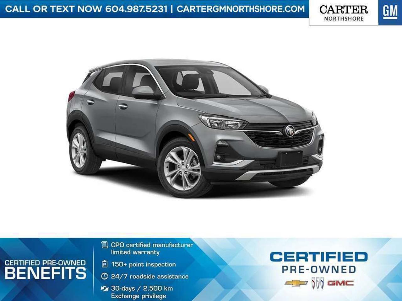 <b>NO ACCIDENT | ONE LOCAL OWNER | PRE-OWNED CERTIFIED</b> This well-equipped Pre-Owned 2023 Buick Encore GX Preferred AWD is a practical SUV with comfort, style, and confident all-wheel drive. Powered by a 1.3L turbo engine with a 9-speed automatic transmission, it delivers a smooth and easy drive. Enjoy heated front seats, remote start, a hands-free power liftgate, wireless Apple CarPlay and Android Auto, plus helpful safety features including Forward Collision Alert and Lane Keep Assist. Test Drive Today! <b>WHY CARTER GM NORTHSHORE?</b> - An unrivalled vehicle purchasing experience! - Exceeding our loyal customers expectations since 1990 - 4.7 Google star rating (with 1,700+ customer reviews) - CarGurus Top-Rated Dealer 2025 Award - CarGurus Top Value Dealer 2025 Award - 30-day / 2,500 km exchange privilege - Peace of mind - 150-point vehicle inspection - CARFAX - full vehicle service history - purchase with confidence! - Vehicle trades welcome! Best price guaranteed! - We provide upfront pricing, zero hidden fees, and 100% transparency - Fast approvals and 99% acceptance rates (no matter your current credit status!) - Multilingual staff (many languages spoken) - Comfortable non-pressured environment with in-store television, WIFI and a childrens play area! <p><img src=https://gmtadvantage-com.cdn-convertus.com/uploads/sites/16/2025/09/Carter-GM-Burnaby-Car-Gurus-Awards-2025.png alt="" width="300" height="77" /></p> Were here to help you drive the vehicle you want, the vehicle you deserve! <b>QUESTIONS? GREAT! WEVE GOT ANSWERS!</b> To speak with a friendly vehicle specialist - <b>CALL NOW!</b> <small>The advertised price includes all standard dealer fees and any applicable manufacturer or dealer incentives. It does not include applicable taxes, licensing, insurance, or optional products or services. Dealer fees will be clearly broken out and itemized on the bill of sale, maximum total of fees $699.00. Prices are shown in Canadian dollars. While we make every effort to ensure accuracy, vehicle details, pricing, options, and availability are subject to change without notice. Please confirm all information with dealership sales management before purchase. Dealer Code: 81121</small>