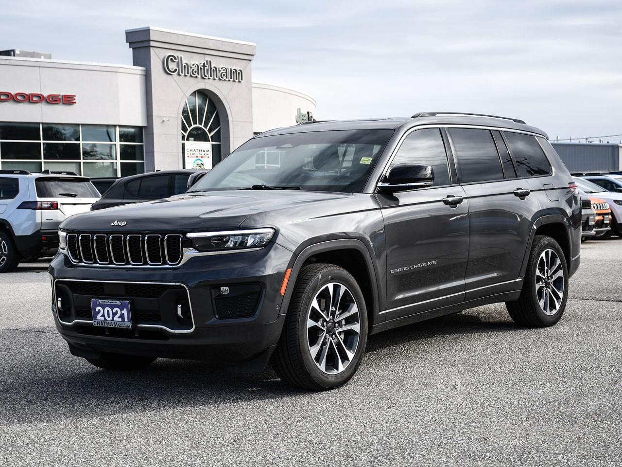 Luxury for the whole family. Capability for wherever the road leads.<br /><br />This 2021 Jeep Grand Cherokee L Overland brings together legendary 4WD capability, premium comfort, and three-row versatility in a package designed to do far more than the average family SUV. Powered by the proven 5.7L HEMI® V8 paired with an 8-speed automatic transmission and 4WD, it delivers the power and confidence you want for towing, road trips, and year-round Canadian driving, while maintaining the refinement you'd expect from an Overland.<br /><br />Finished in Baltic Gray Metallic Clearcoat, this Grand Cherokee L makes a strong first impression with its distinctive Jeep styling, fully polished 20-inch aluminum wheels, power liftgate, front fog lights, and CommandView power moonroof. The available Trailer Tow Package adds a Class IV hitch receiver, 4- and 7-pin wiring harness, Trailer Hitch Zoom, and the equipment needed to make this three-row SUV ready for more than just the school run.<br /><br />Inside, the Overland takes family comfort to another level. Premium Nappa leather-faced seating, heated and ventilated front seats, heated rear seats, a heated steering wheel, four-zone automatic climate control, and power-adjustable 12-way front seats create a first-class environment for everyone on board. The front seats even feature power massage, while second-row manual window shades and a reclining third row help keep passengers comfortable on longer journeys. With seating for seven, this Grand Cherokee L gives you the flexibility to bring the whole crew along.<br /><br />Technology is equally impressive, centred around the Uconnect® 5 navigation system with a large 10.1-inch touchscreen display. Apple CarPlay®, Android Auto, SiriusXM® with 360L, HD Radio, Bluetooth® hands-free communication, GPS navigation, wireless charging, and a premium 19-speaker McIntosh® audio system powered by an 825-watt amplifier deliver an exceptional connected and entertaining experience. A digital rearview mirror and touchscreen display add even more convenience to the driver's seat.<br /><br />When it comes to capability, the Grand Cherokee L is ready. The 5.7L HEMI V8, 3.45 rear axle ratio, 4WD system, adaptive suspension, and Trailer Tow Package give you the strength and confidence to tow and travel with ease. A long list of safety and driver-assistance featuresincluding a ParkView Rear Back-Up Camera, automatic high-beam headlights, rain-sensing wipers, brake assist, electronic stability control, and traction controladds confidence wherever the journey takes you.<br /><br />This is more than a three-row SUV. It's a luxury vehicle with the heart of a Jeep, the muscle of a HEMI V8, and the versatility to handle family life, long-distance travel, and weekend adventures.<br /><br />Three rows. HEMI power. Overland luxury. Ready for wherever you're going next.<br /><br />Here at Chatham Chrysler, our Financial Services Department is dedicated to offering the service that you deserve. We are experienced with all levels of credit and are looking forward to sitting down with you. Chatham Chrysler Proudly serves customers from London, Ridgetown, Thamesville, Wallaceburg, Chatham, Tilbury, Essex, LaSalle, Amherstburg and Windsor with no distance being ever too far! At Chatham Chrysler, WE CAN DO IT!