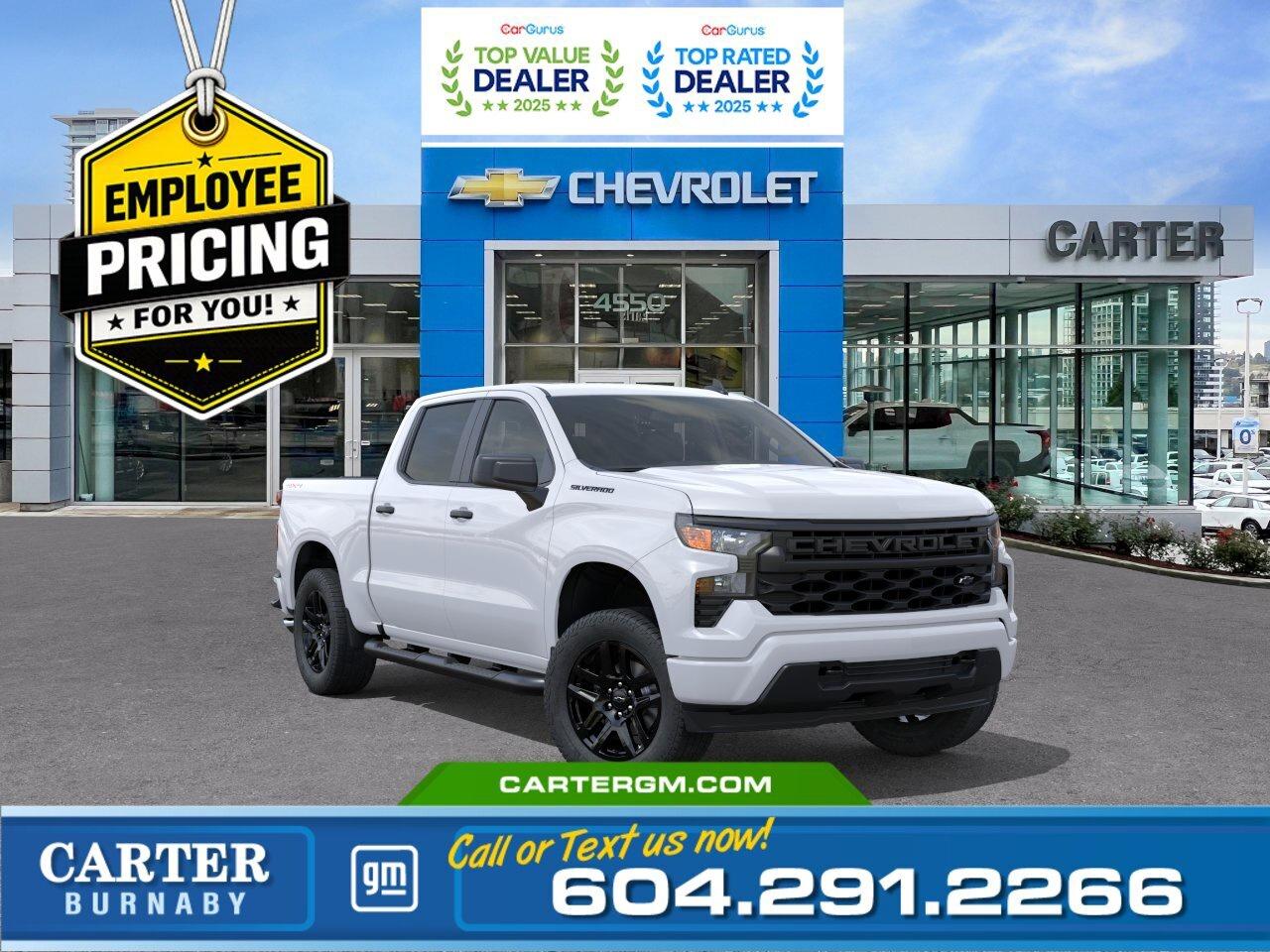 GREAT NEWS! THE EMPLOYEE PRICING EVENT IS BACK! Take advantage of exclusive Employee Pricing on eligible new vehicles and enjoy exceptional value for a limited time. This is your opportunity to save on the vehicle youve been waiting for while inventory lasts. Contact us today to confirm your eligibility and discover the available offers on your preferred model.  Take on work or weekend adventures with confidence in the 2026 Chevrolet Silverado 1500 Custom 4WD. Powered by a 2.7L TurboMax engine and equipped with a High Capacity Suspension Package, its built to perform. The Trailering Package with Hitch Guidance, trailer connectors, and advanced safety features like StabiliTrak, trailer sway control, and Following Distance Indicator keep you in control. Inside, enjoy a 10-way power driver seat, while the EZ Lift tailgate and HD Rear Vision Camera add everyday convenience.  Come take it for a test drive today and experience all this stylish vehicle has to offer!  WHY CARTER GM BURNABY?  - An unrivalled vehicle purchasing experience! - Exceeding our loyal customers expectations since 1963 - 4.5 Google star rating with 2,300+ customer reviews) - CarGurus Top-Rated Dealer 2025 Award - CarGurus Top Value Dealer 2025 Award - Vehicle trades welcome! Best price guaranteed! - We provide upfront pricing, zero hidden fees, and 100% transparency - Fast approvals and 99% acceptance rates (no matter your current credit status!) - Multilingual staff (many languages spoken) - Comfortable non-pressured environment with in-store television, WIFI and a childrens play area! - In-store restaurant: fresh daily menu        Were here to help you drive the vehicle you want, the vehicle you deserve! QUESTIONS? GREAT! WEVE GOT ANSWERS! To speak with a friendly vehicle specialist - CALL NOW! The advertised price includes all standard dealer fees and any applicable manufacturer or dealer incentives. It does not include applicable taxes, licensing, insurance, or optional products or services. Dealer fees will be clearly broken out and itemized on the bill of sale, maximum total of fees $699.00. Prices are shown in Canadian dollars. While we make every effort to ensure accuracy, vehicle details, pricing, options, and availability are subject to change without notice. Please confirm all information with dealership sales management before purchase. Dealer Code: 81129