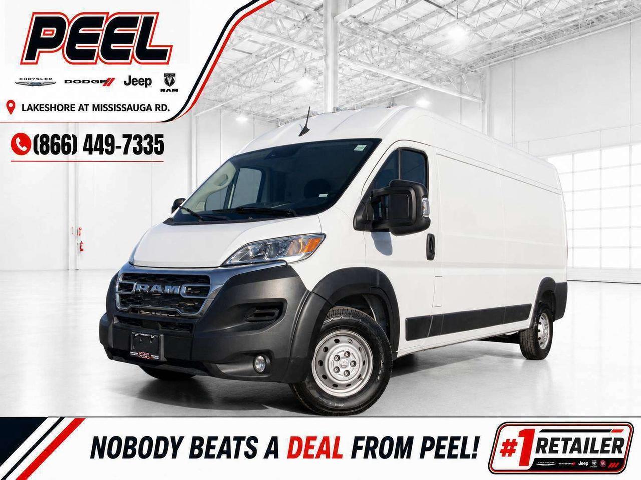 COME SEE WHY NOBODY BEATS A DEAL FROM PEEL! Your Source for ALL make and models used cars and trucks.

2023 Ram ProMaster 2500 Cargo Van 159" WB High Roof | 3.6L Pentastar V6 | 9-speed Automatic Transmission | Bright White | Vinyl Front Bucket Seats | Cargo Partition w/o Window | Mopar Cargo-area Floor Mat | Mopar Upper & Lower Side Wall Paneling | Black 96" Power Heated Mirrors | Uconnect 5 w/ 7" Touchscreen Display | Apple CarPlay & Android Auto | Forward Collision Warning | Pedestrian/Cyclist Emergency Braking | Drowsy Driver Detection | Traffic Sign Recognition | Crosswind Assist | ParkView Rear Back-up Camera | Cruise Control | Fog Lamps | Heavy-duty Suspension | Full-size Spare Tire | Upfit Interface Connector 

This 2023 Ram ProMaster 2500 comes finished in Bright White and is powered by the proven 3.6L Pentastar V6 paired with a 9-speed automatic transmission, giving you dependable performance and a practical front-wheel-drive platform for everyday commercial use. The 159-inch wheelbase and high-roof body give this van the space and interior height contractors, delivery operators, and growing businesses need, while the factory cargo partition, Mopar upper and lower side wall paneling, and Mopar cargo-area floor mat mean much of the expensive cargo-area preparation is already complete. The extra-wide 96-inch power heated mirrors, ParkView Rear Back-up Camera, Crosswind Assist, cruise control, heavy-duty suspension, and full-size spare tire help make long workdays and busy job sites easier to manage. Inside, the Uconnect 5 7-inch touchscreen with Apple CarPlay and Android Auto keeps drivers connected, while Forward Collision Warning, Pedestrian and Cyclist Emergency Braking, Drowsy Driver Detection, and Traffic Sign Recognition add modern safety confidence. Finished with fog lamps and a factory upfit interface connector, this ProMaster is ready to be adapted into a contractor van, delivery vehicle, service unit, or mobile business.
______________________________________________________

*Hand Selected Former Daily Rental

FREE CarFax included! Click the CarFax link in the listing to view the report.

Our advertised prices are for consumers/end users only and are not intended for dealer, wholesale, exporter, or broker purchases.
______________________________________________________

Peel Chrysler is based in Port Credit, Mississauga, and proudly serves customers across Ontario and Canada, including Toronto, Oakville, North York, Richmond Hill, Ajax, Hamilton, Niagara Falls, Brampton, Scarborough, Vaughan, London, Windsor, Cambridge, Kitchener, Waterloo, Brantford, Sarnia, Pickering, Huntsville, Milton, Woodbridge, Aurora, Newmarket, Orangeville, Georgetown, Markham, North Bay, Sudbury, Barrie, Oshawa, Kingston, Innisfil, and surrounding areas. Browse our selection of used cars, trucks, SUVs, vans, Ram, Jeep, Dodge, Chrysler, FIAT, and all makes and models at peelchrysler.com.
______________________________________________________

Disclaimer: Prices are for consumer/end-user purchases only. Advertised prices are all-in and include all dealer fees and charges, including the $499 loan processing fee where applicable, except HST, Fuel and Licensing, unless otherwise stated. Payments, rates, and terms are subject to approved credit and may change without notice. If a trade-in has an outstanding loan balance and Peel Chrysler is required to facilitate the lien payout, a $349 lien payout fee applies. Most pre-owned vehicles originally come with two keys; however, all Peel Chrysler pre-owned vehicles come standard with one key unless otherwise stated. Vehicle images may be digitally adjusted or enhanced for presentation purposes and may not always reflect the exact appearance of the vehicle. While we make every effort to ensure accuracy, vehicle details, features, options, materials, history, specifications, pricing, availability, and CarFax information should be verified with Peel Chrysler before purchase.