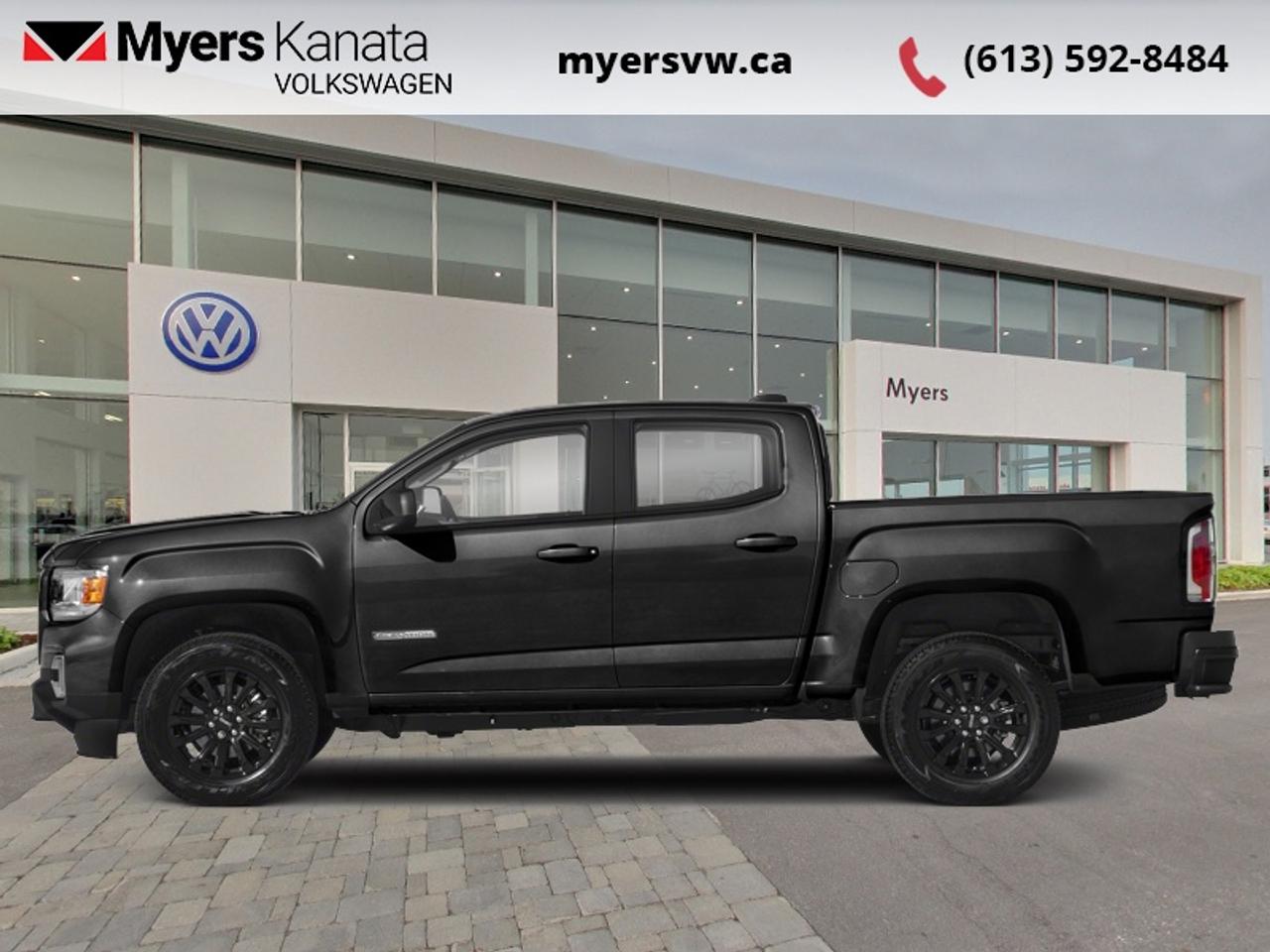 <b>Remote Start,  Aluminum Wheels,  Apple CarPlay,  Android Auto,  EZ Lift Tailgate!</b><br> <br>  Compare at $41192 - Our Price is just $39992! <br> <br>This GMC Canyon is a comfortable and civilized truck that allows for easy access and exceptional management of your cargo. This 2022 GMC Canyon is fresh on our lot in Kanata.<br> <br>This GMC Canyon is built around the idea of a all-in-one work truck, providing the durability and premium detail you expect from a Professional Grade GMC pickup. Capable, versatile and entirely refined, this mid-size Canyon balances power and technology in a package that is spacious and efficient. Whether you need a pickup truck for some occasional hauling, off-road fun, or you just want to have a pickup truck, this premium GMC Canyon fits the bill. It has almost as much capability as its bigger counterparts, but its easier to maneuver, easier to park, and will provide you with better fuel economy. Where ever you and your family go, go confidently in this GMC Canyon that personifies GMCs attitude and dedication to precision.<br> <br>This Crew Cab 4X4 pickup has 70,722 km. Its Onyx Black in colour and is completely accident free based on the <a href=https://vhr.carfax.ca/?id=X11mj1f1AKcb0d59sZ7OFHFWBNzxE+Bm target=_blank>CARFAX Report</a>. It has an Automatic transmission and is powered by a 308HP 3.6L V6 Cylinder Engine. <br> <br> Our Canyons trim level is Elevation. Stepping up to the Elevation package brings a lot of modern essentials that truly elevate your ride with an EZ lift and lower tailgate, LED front fog lamps, 4G WiFi, GMC Connected Access, a leather-wrapped steering wheel with audio controls and remote vehicle start with a remote keyless entry system. Additional features include a fully boxed frame for less flex over rough terrain, aluminum wheels, signature LED headlamps, a larger 8 inch touchscreen display paired with Apple CarPlay and Android Auto, StabiliTrak with trailer sway control, a unique CornerStep rear bumper, a 6-way power driver seat, traction control and an rear view camera plus much more. This vehicle has been upgraded with the following features: Remote Start, Aluminum Wheels, Apple CarPlay, Android Auto, EZ Lift Tailgate, Rear View Camera, Power Seat.<br> <br>To apply right now for financing use this link: <a href=https://www.myersvw.ca/financing-request/ target=_blank>https://www.myersvw.ca/financing-request/</a><br> <br/><br>Backed by Myers Exclusive NO Charge Engine/Transmission for life program lends itself for your peace of mind and you can buy with confidence. Call one of our experienced Sales Representatives today and book your very own test drive! Why buy from us? Move with the Myers Automotive Group since 1942! We take all trade-ins - Appraisers on site - Full safety inspection including e-testing and professional detailing prior delivery! <br><br>*LIFETIME ENGINE TRANSMISSION WARRANTY NOT AVAILABLE ON VEHICLES MARKED AS-IS, VEHICLES WITH KMS EXCEEDING 140,000KM, VEHICLES 8 YEARS & OLDER, OR HIGHLINE BRAND VEHICLES (eg.BMW, INFINITI, CADILLAC, LEXUS...). FINANCING OPTIONS NOT AVAILABLE ON VEHICLES MARKED AS-IS OR AS-TRADED.<br> Come by and check out our fleet of 30+ used cars and trucks and 100+ new cars and trucks for sale in Kanata.  o~o