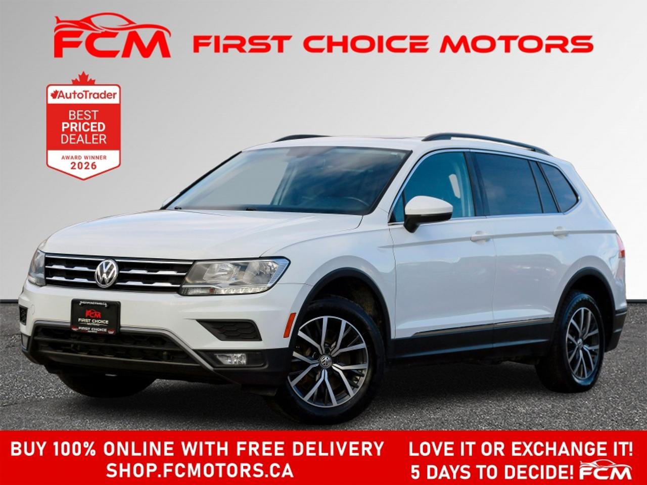 ** ** SPECIAL LIMITED TIME OFFER ** ** PURCHASE ANY VEHICLE THIS WEEK AND RECEIVE 4 BRAND-NEW ALL-SEASON TIRES AT NO ADDITIONAL COST!!! DON   T MISS THIS EXCLUSIVE CHANCE TO UPGRADE YOUR RIDE AND STAY PREPARED FOR ANY WEATHER!!! <br><br>EXCITING NEWS FROM FIRST CHOICE MOTORS! Our brand-new online showroom is now open to the public, bringing the ultimate car shopping experience right to your fingertips! Enjoy a 100% online car shopping experience, with over 500 certified vehicles in stock, comprehensive protection plans, and thousands of new auto parts & accessories available! Plus, for a limited time, were offering FREE deliveries across Ontario on all vehicle purchases! Dont miss out   visit Shop.fcmotors.ca to find and upgrade your perfect vehicle today!<br><br>Welcome to First Choice Motors, the largest car dealership in Toronto of pre-owned cars, SUVs, and vans priced between $5000-$15,000. With an impressive inventory of over 300 vehicles in stock, we are dedicated to providing our customers with a vast selection of affordable and reliable options. <br><br>Were thrilled to offer a used 2019 Volkswagen Tiguan COMFORTLINE, white color with 205,000km (STK#10233) This vehicle was $13990 NOW ON SALE FOR $12990. It is equipped with the following features:<br>- Automatic Transmission<br>- Leather Seats<br>- Sunroof<br>- Heated seats<br>- All wheel drive<br>- Bluetooth<br>- Reverse camera<br>- Alloy wheels<br>- Power windows<br>- Power locks<br>- Power mirrors<br>- Air Conditioning<br><br>At First Choice Motors, we believe in providing quality vehicles that our customers can depend on. All our vehicles come with a 36-day guarantee on all safety related items. We also offer additional warranty options up to 5 years for our customers who want extra peace of mind.<br><br>Furthermore, all our vehicles are sold fully certified with brand new brakes rotors and pads, a fresh oil change, and brand new set of all-season tires installed & balanced. You can be confident that this car is in excellent condition and ready to hit the road.<br><br>At First Choice Motors, we believe that everyone deserves a chance to own a reliable and affordable vehicle. Thats why we offer financing options with low interest rates starting at 7.9% O.A.C. Were proud to approve all customers, including those with bad credit, no credit, students, and even 9 socials. Our finance team is dedicated to finding the best financing option for you and making the car buying process as smooth and stress-free as possible.<br><br>Our dealership is open 7 days a week to provide you with the best customer service possible. We carry the largest selection of used vehicles for sale under $9990 in all of Ontario. We stock over 300 cars, mostly Hyundai, Chevrolet, Mazda, Honda, Volkswagen, Toyota, Ford, Dodge, Kia, Mitsubishi, Acura, Lexus, and more. With our ongoing sale, you can find your dream car at a price you can afford. Come visit us today and experience why we are the best choice for your next used car purchase!<br><br>All prices include $22.00 OMVIC Fee.  Excludes, license plates, ownership registration and ONTARIO HST (13%)<br>*No Credit Card payments can be accepted for Vehicle Purchases*