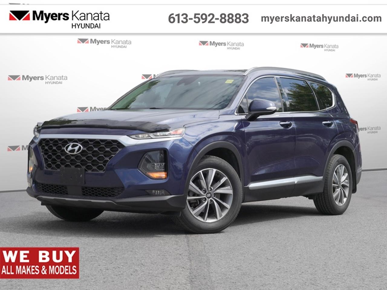 <b>Leather Seats,  Sunroof,  Active Blind Spot Assist,  Heated Seats,   Lane Keep Assist!</b><br> <br> Always pushing the envelope, this Santa Fe will make you stand out while you enjoy the drive. This 2020 Hyundai Santa Fe is fresh on our lot in Kanata.<br> <br>The Hyundai Santa Fe is all about making your drive safer, and it starts with the SuperStructure at its core. This frame is engineered with Advanced High Strength Steel for superior rigidity and strength to provide added protection in the event you cannot avoid a collision from happening. But beyond the strong foundation you are surrounded by a suite of available driver assistance technologies actively scanning your surroundings to help keep you safe on your journeys. Theyve been developed to help alert you to, and even avoid, unexpected dangers on the road and include the worlds first Safe Exit Assist technology. Discover an SUV that helps you protect not only you and your passengers, but also the people around you.<br> <br>This SUV has 85,089 km. Its nice in colour and is completely accident free based on the <a href=https://vhr.carfax.ca/?id=YqDOUhJ2hOb2QGI6LDsVcVW1mVj8xNtj target=_blank>CARFAX Report</a>. It has an Automatic transmission and is powered by a 185HP 2.4L 4 Cylinder Engine. <br> <br> Our Santa Fes trim level is 2.4L Preferred AWD w/Sunroof. This Santa Fe Preferred has all the driver assistance and safety features you could need with active blind spot and rear cross traffic assistance, easy exit seats, parking distance assist, BlueLink remote activation, dual zone automatic climate control, proximity key entry. Other features include forward collision mitigation with pedestrian detection, adaptive cruise control with stop and go, lane keep assist, driver attention assistance, automatic high beams, a 7 inch touchscreen, Android Auto, Apple CarPlay, heated seats and steering wheel, Bluetooth, automatic headlamps, LED accent lighting, drive mode select, aluminum wheels, and fog lights. This amazing SUV is upgraded with the Sun and Leather package that adds leather seats, leather clad interior, and a panoramic sunroof. This vehicle has been upgraded with the following features: Leather Seats, Sunroof, Active Blind Spot Assist, Heated Seats, Lane Keep Assist, Forward Collision Assist, Apple CarPlay.<br> <br>To apply right now for financing use this link: <a href=https://www.myerskanatahyundai.com/finance/ target=_blank>https://www.myerskanatahyundai.com/finance/</a><br> <br/>Buy this vehicle now for the lowest weekly payment of <b>$71.09</b> with $0 down for 96 months @ 8.99% APR O.A.C. ( Plus applicable taxes - and licensing fees ). See dealer for details. <br><br>Smart buyers buy at Myers where all cars come Myers Certified including a 1 year tire and road hazard warranty (some conditions apply, see dealer for full details.)<br> <br>This vehicle is located at Myers Kanata Hyundai 400-2500 Palladium Dr Kanata, Ontario.<br>*LIFETIME ENGINE TRANSMISSION WARRANTY NOT AVAILABLE ON VEHICLES WITH KMS EXCEEDING 140,000KM, VEHICLES 8 YEARS & OLDER, OR HIGHLINE BRAND VEHICLE(eg. BMW, INFINITI. CADILLAC, LEXUS...)<br> Come by and check out our fleet of 40+ used cars and trucks and 180+ new cars and trucks for sale in Kanata.  o~o